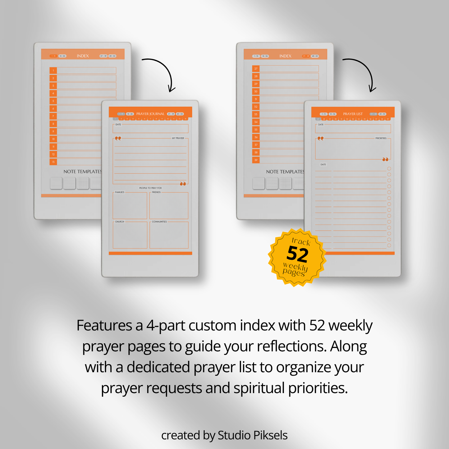 Hyperlinked Weekly Prayer Journal for reMarkable Paper Pro Move with 52 weekly prayer pages, prayer lists, Bible study notes, and organized digital journaling.