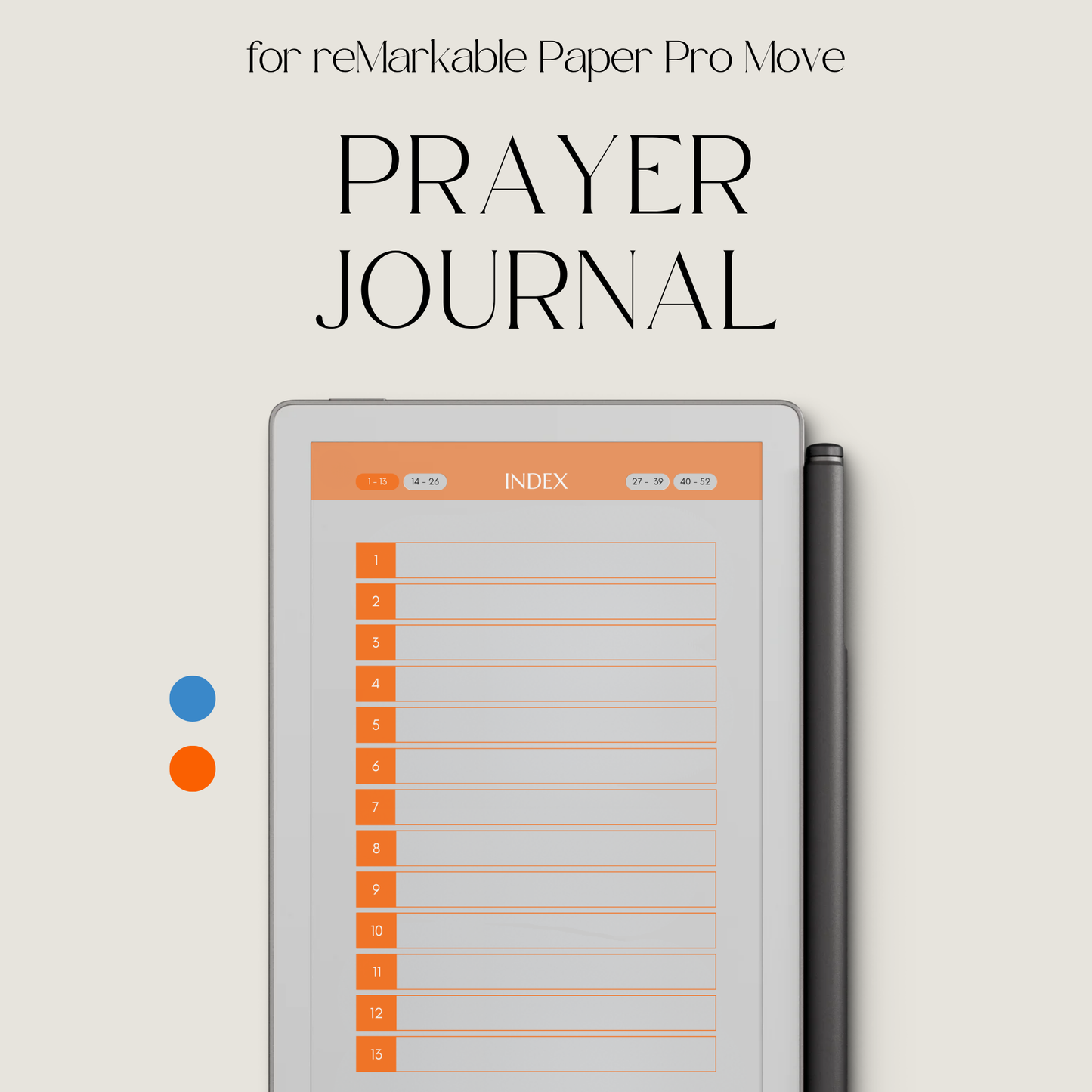 Hyperlinked Weekly Prayer Journal for reMarkable Paper Pro Move with 52 weekly prayer pages, prayer lists, Bible study notes, and organized digital journaling.