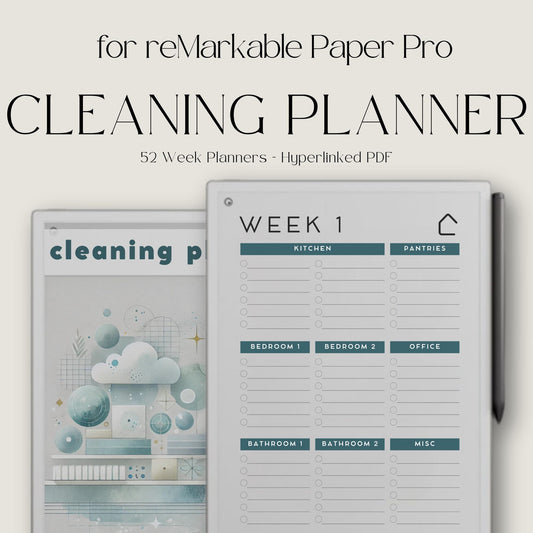 Weekly Cleaning Planner for reMarkable Paper Pro with hyperlinked index, 52 weekly cleaning pages, and structured room task sections.
