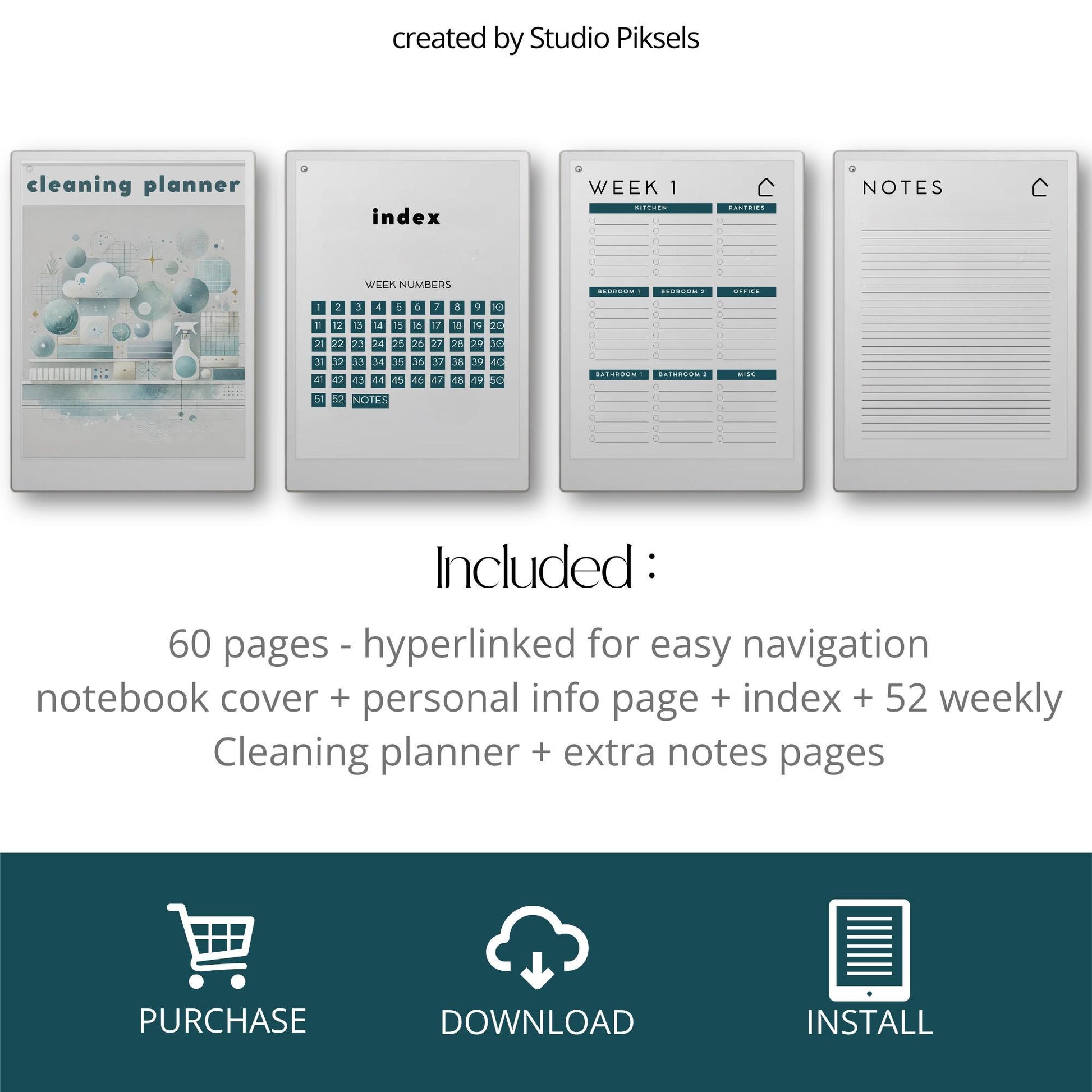 Weekly Cleaning Planner for reMarkable Paper Pro with hyperlinked index, 52 weekly cleaning pages, and structured room task sections.