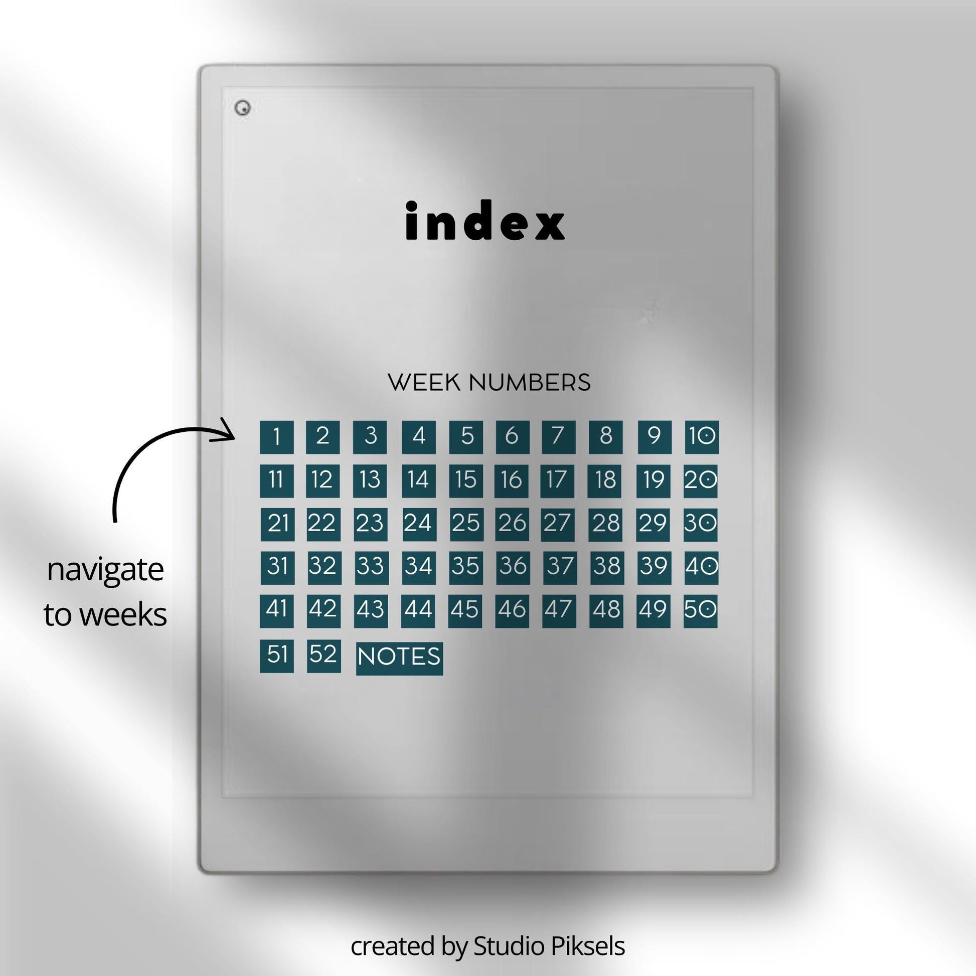 Weekly Cleaning Planner for reMarkable Paper Pro with hyperlinked index, 52 weekly cleaning pages, and structured room task sections.