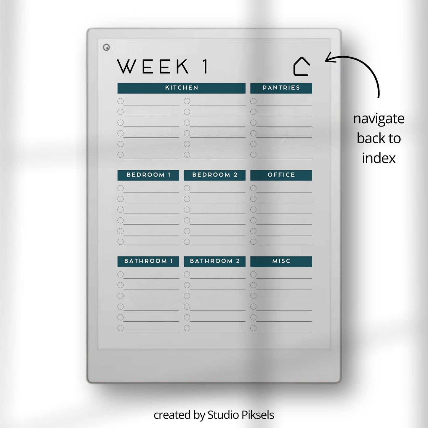 Weekly Cleaning Planner for reMarkable Paper Pro with hyperlinked index, 52 weekly cleaning pages, and structured room task sections.
