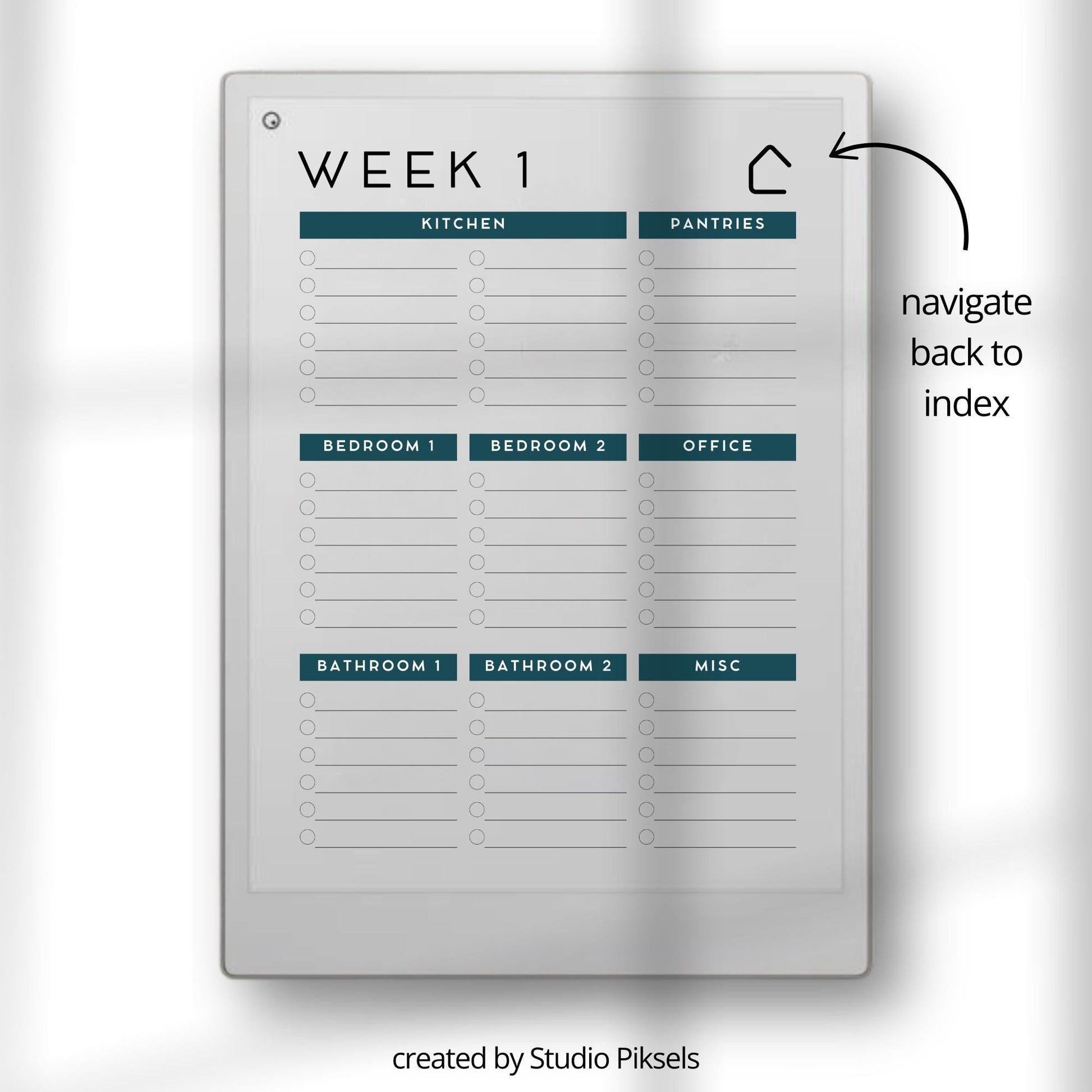 Weekly Cleaning Planner for reMarkable Paper Pro with hyperlinked index, 52 weekly cleaning pages, and structured room task sections.