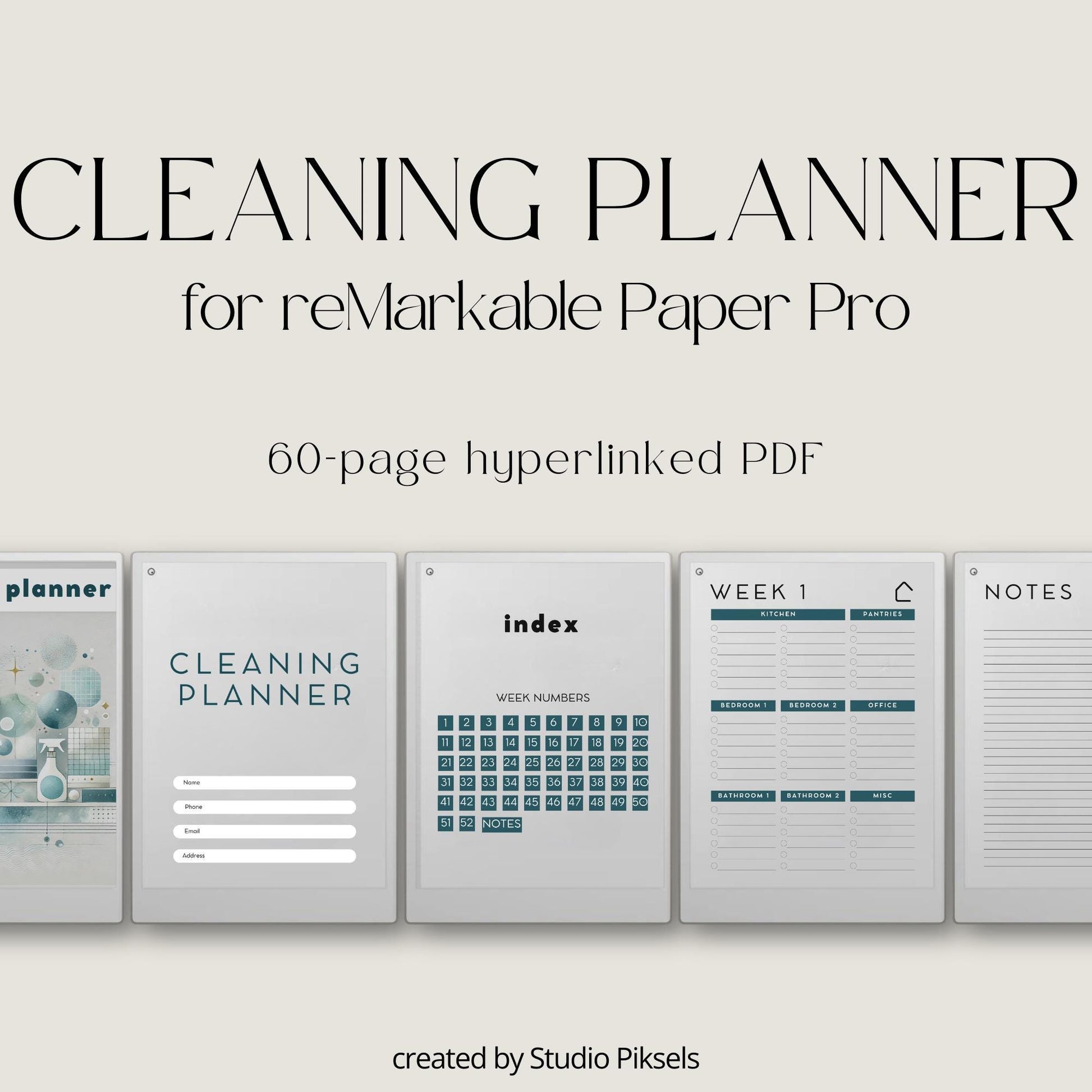 Weekly Cleaning Planner for reMarkable Paper Pro with hyperlinked index, 52 weekly cleaning pages, and structured room task sections.