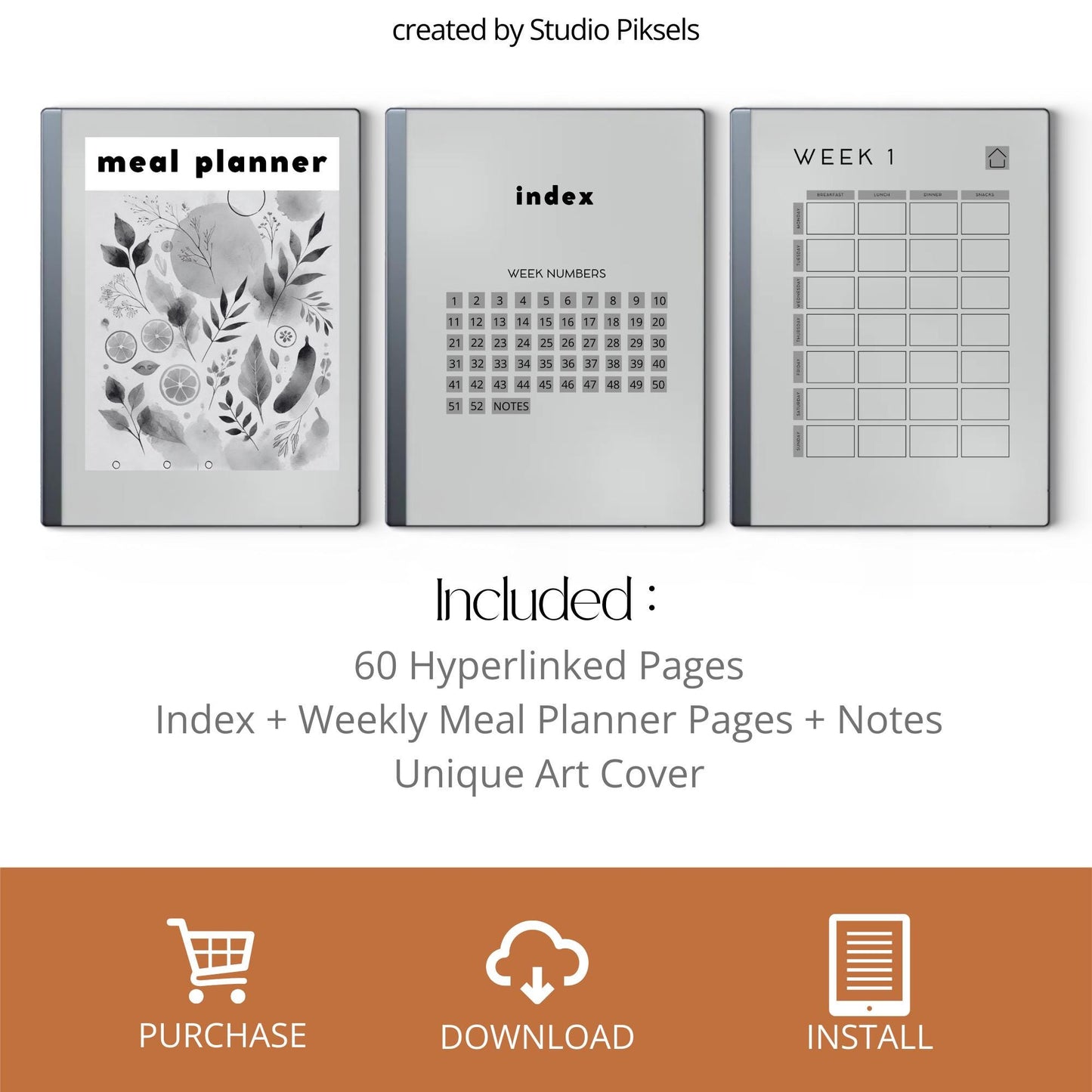 60 page hyperlinked Meal Planner PDF for reMarkable 1 and reMarkable 2 with weekly meal planning grid and clickable index.