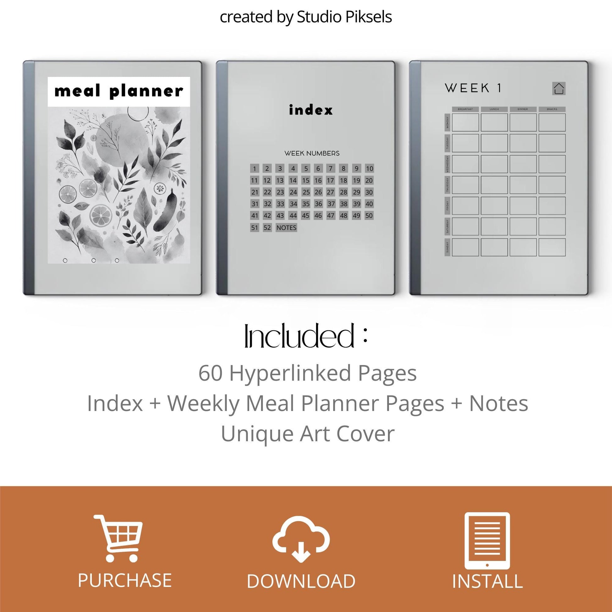 60 page hyperlinked Meal Planner PDF for reMarkable 1 and reMarkable 2 with weekly meal planning grid and clickable index.