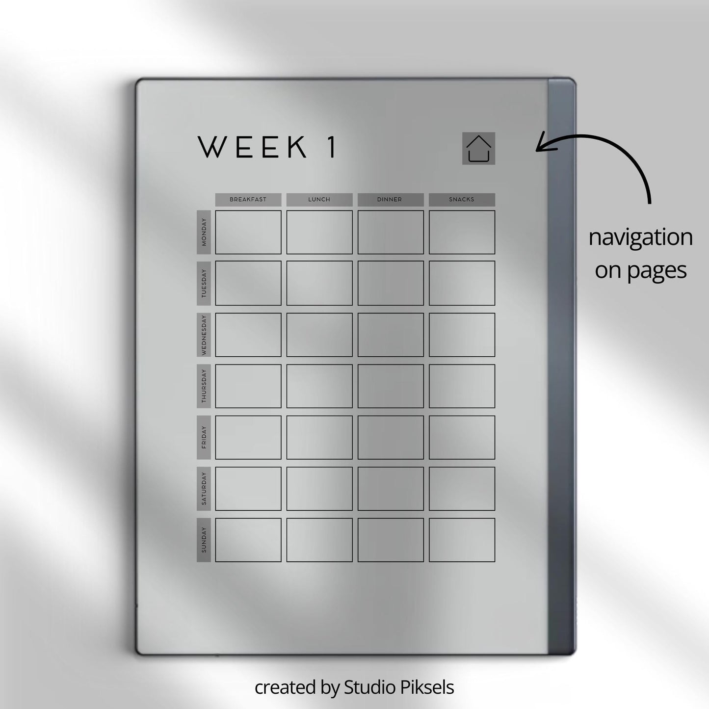 60 page hyperlinked Meal Planner PDF for reMarkable 1 and reMarkable 2 with weekly meal planning grid and clickable index.