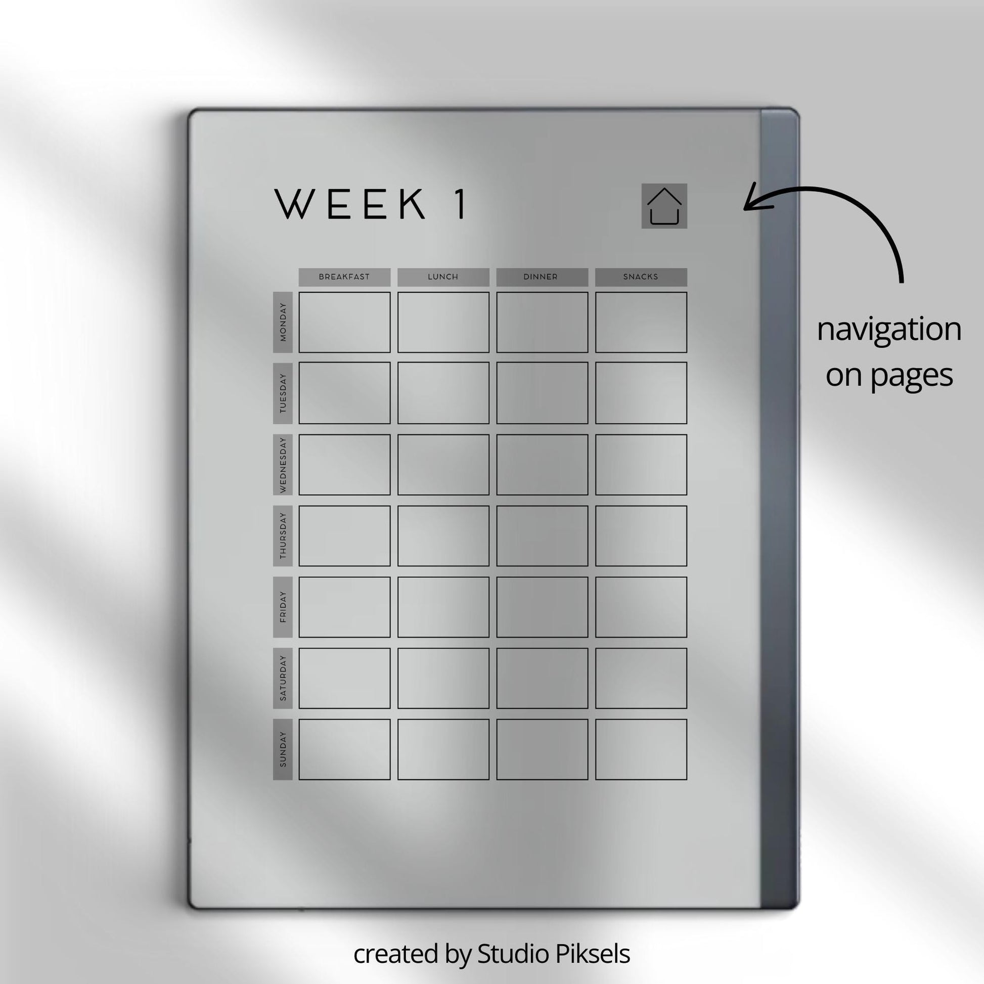 60 page hyperlinked Meal Planner PDF for reMarkable 1 and reMarkable 2 with weekly meal planning grid and clickable index.