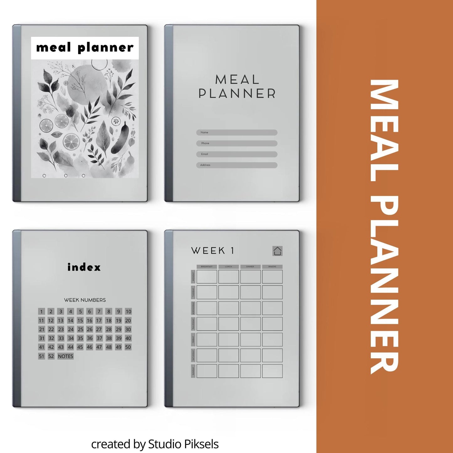 60 page hyperlinked Meal Planner PDF for reMarkable 1 and reMarkable 2 with weekly meal planning grid and clickable index.