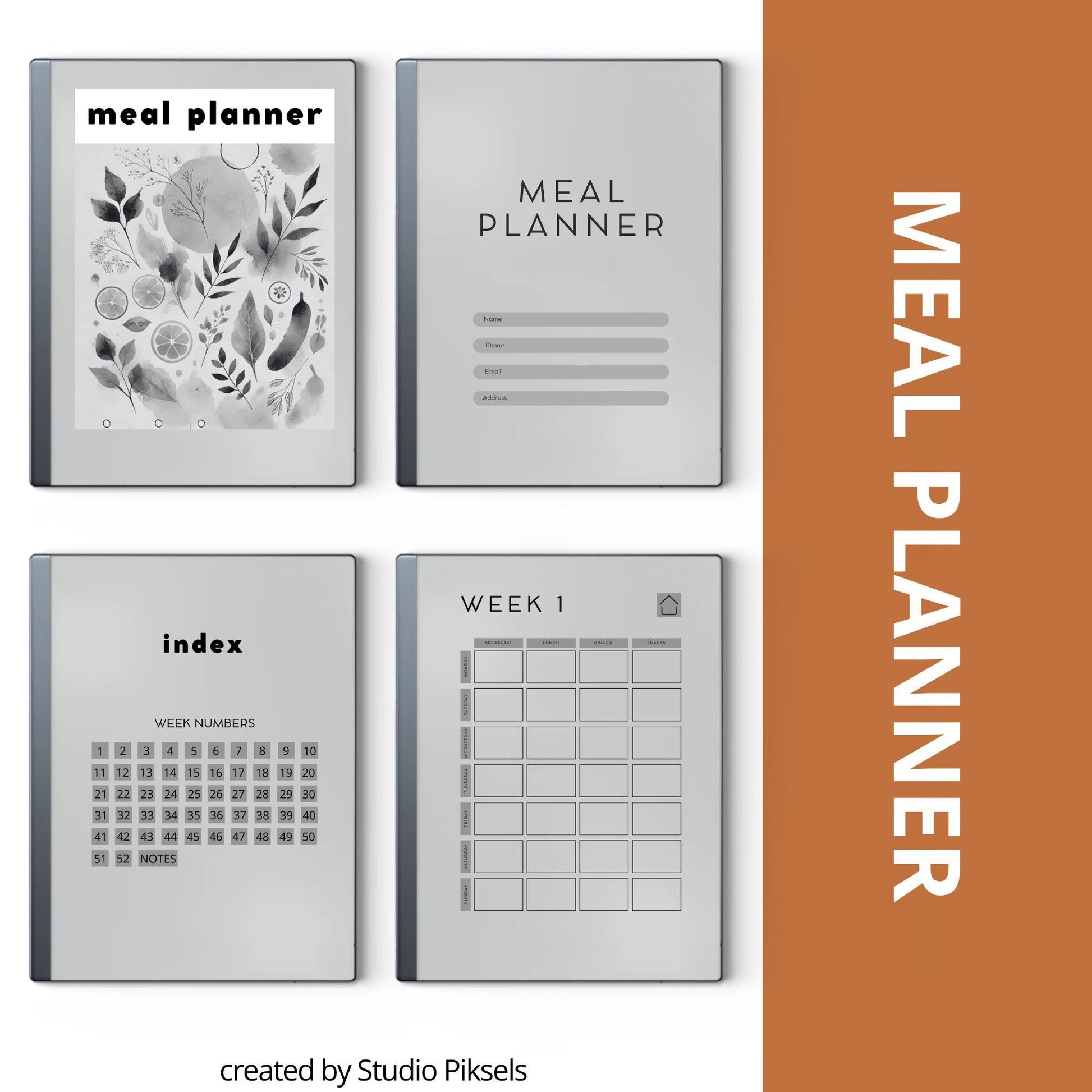 60 page hyperlinked Meal Planner PDF for reMarkable 1 and reMarkable 2 with weekly meal planning grid and clickable index.