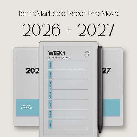 Two-year hyperlinked weekly planner bundle for reMarkable Paper Pro Move with single-page weekly layouts for 2026 and 2027.