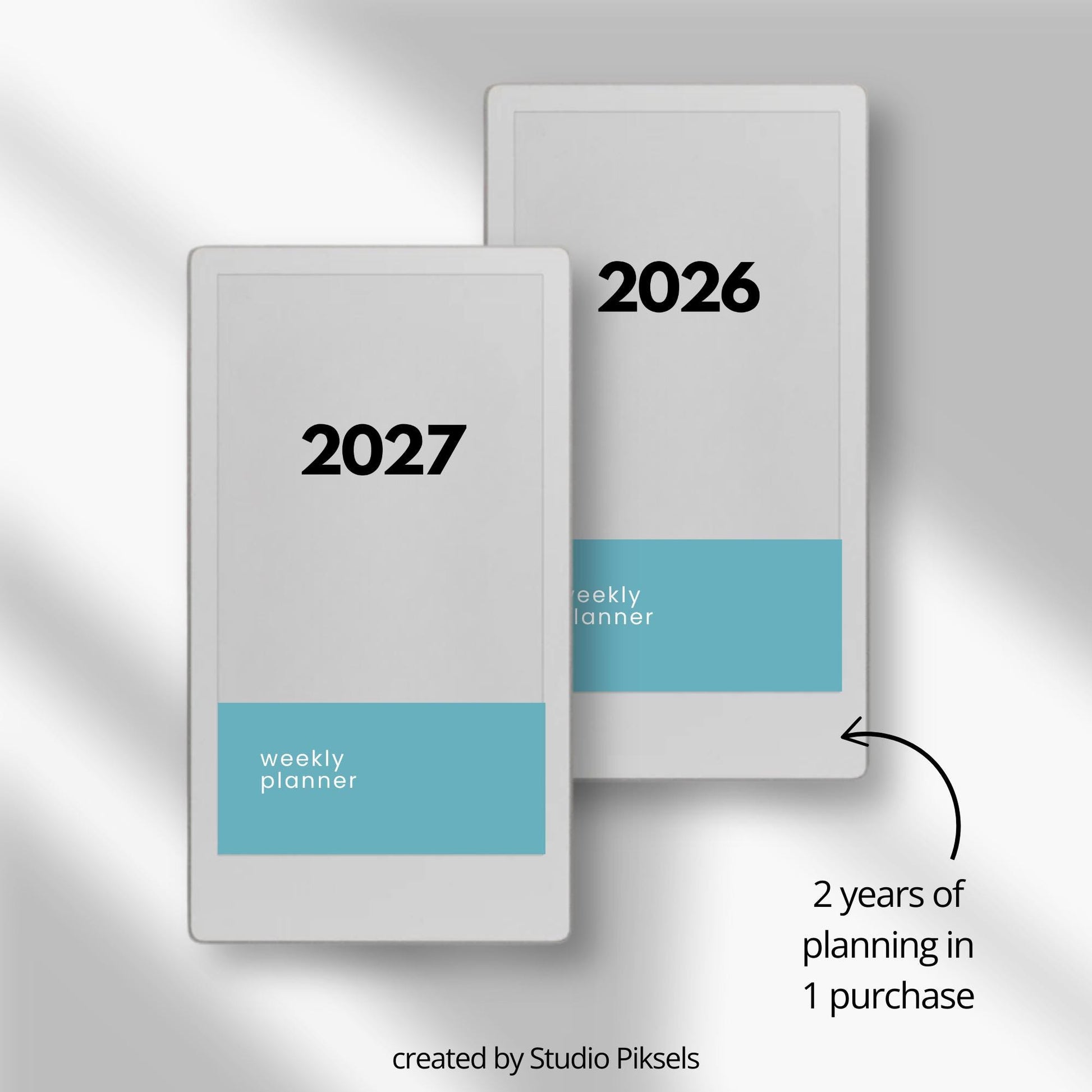 Two-year hyperlinked weekly planner bundle for reMarkable Paper Pro Move with single-page weekly layouts for 2026 and 2027.