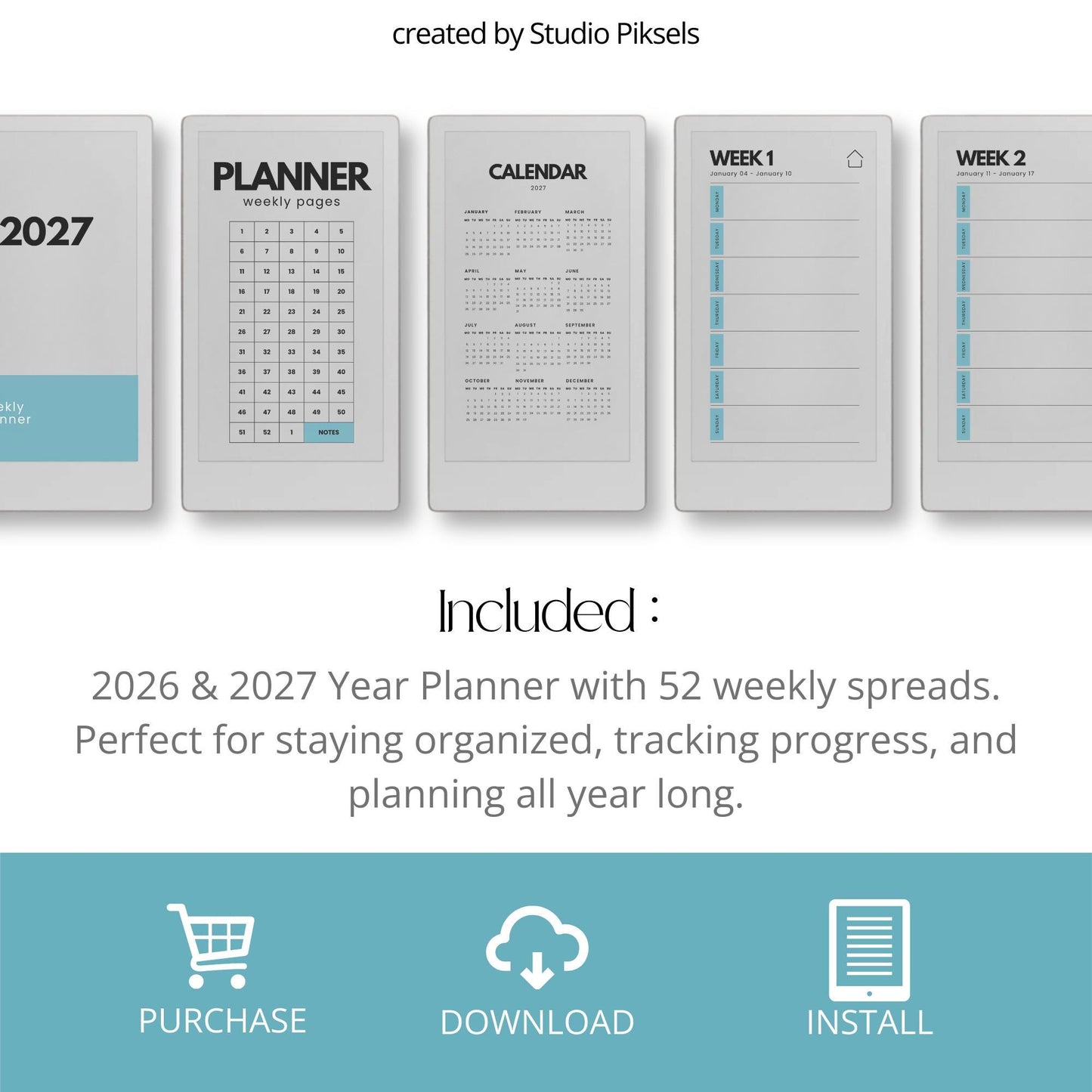 Two-year hyperlinked weekly planner bundle for reMarkable Paper Pro Move with single-page weekly layouts for 2026 and 2027.