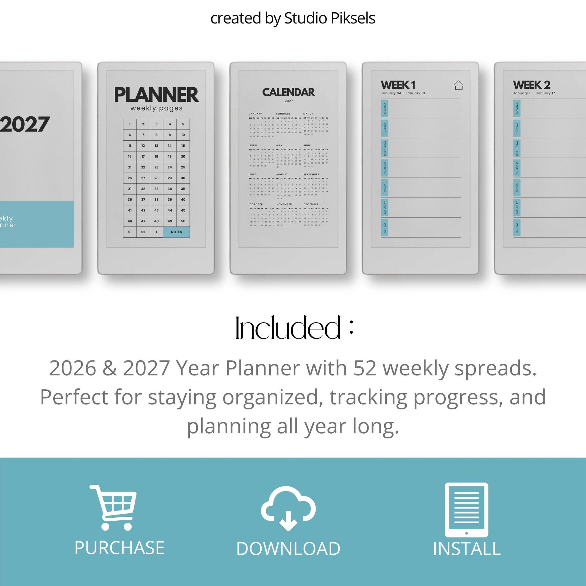 Two-year hyperlinked weekly planner bundle for reMarkable Paper Pro Move with single-page weekly layouts for 2026 and 2027.