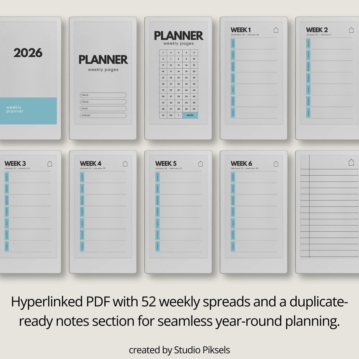 Two-year hyperlinked weekly planner bundle for reMarkable Paper Pro Move with single-page weekly layouts for 2026 and 2027.