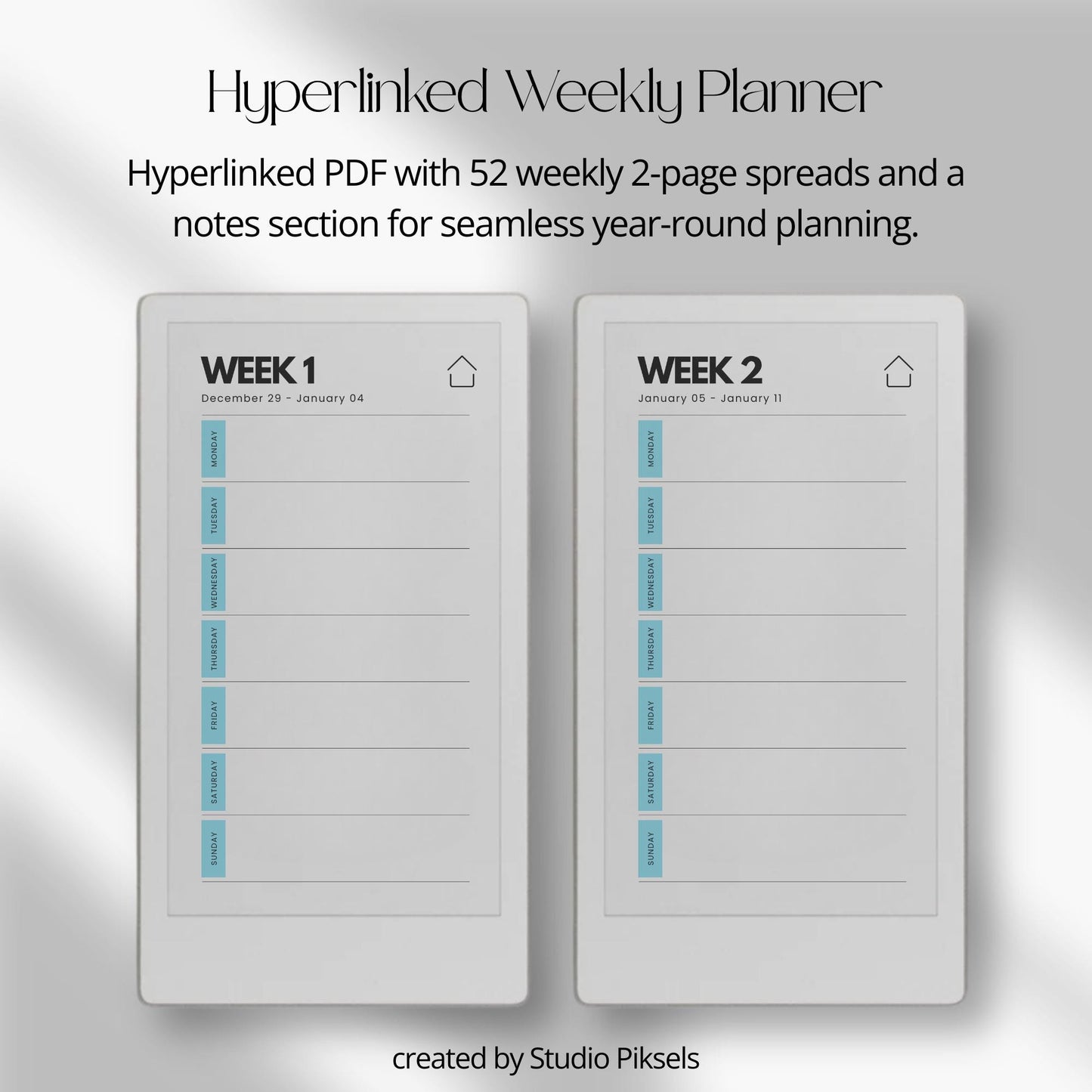Two-year hyperlinked weekly planner bundle for reMarkable Paper Pro Move with single-page weekly layouts for 2026 and 2027.