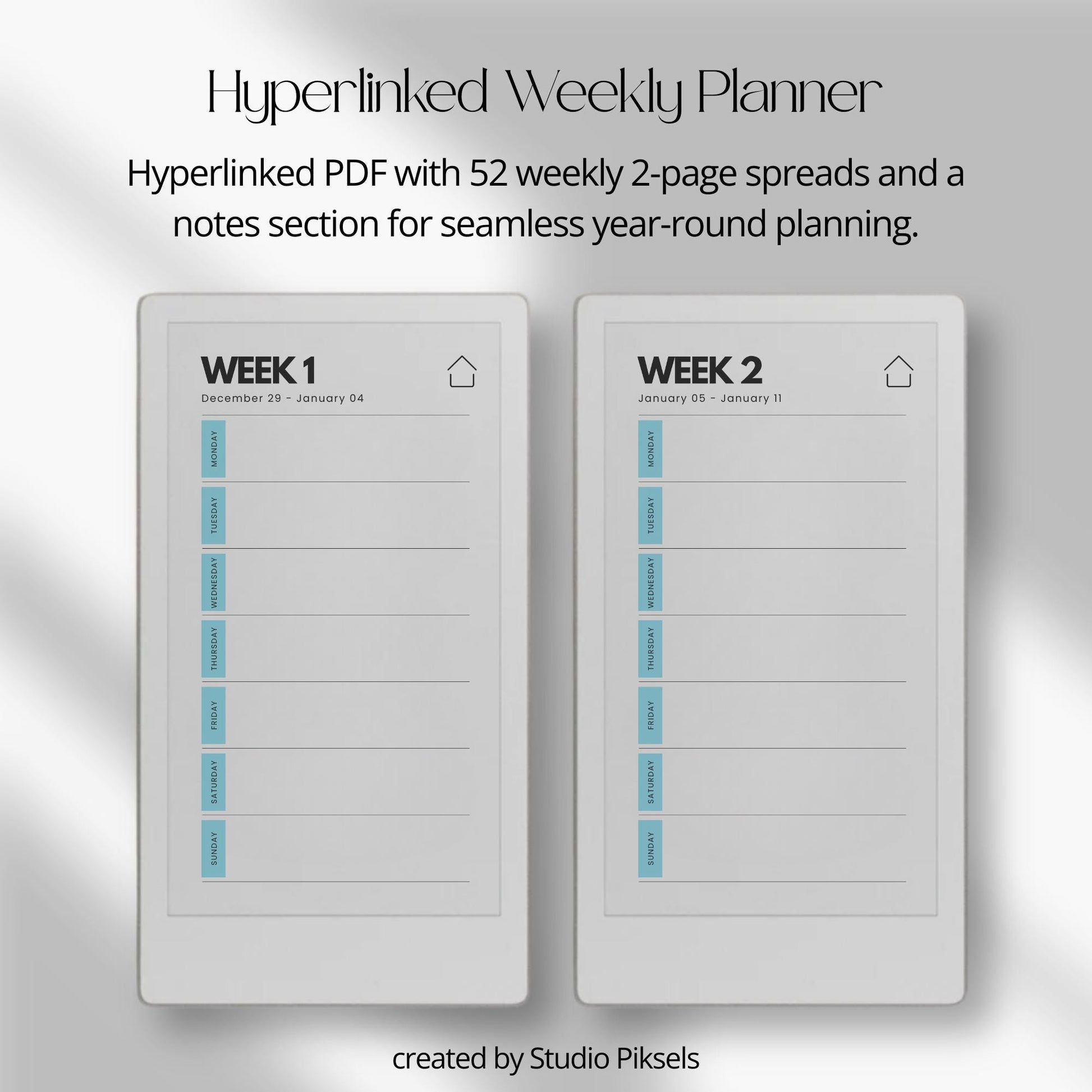 Two-year hyperlinked weekly planner bundle for reMarkable Paper Pro Move with single-page weekly layouts for 2026 and 2027.