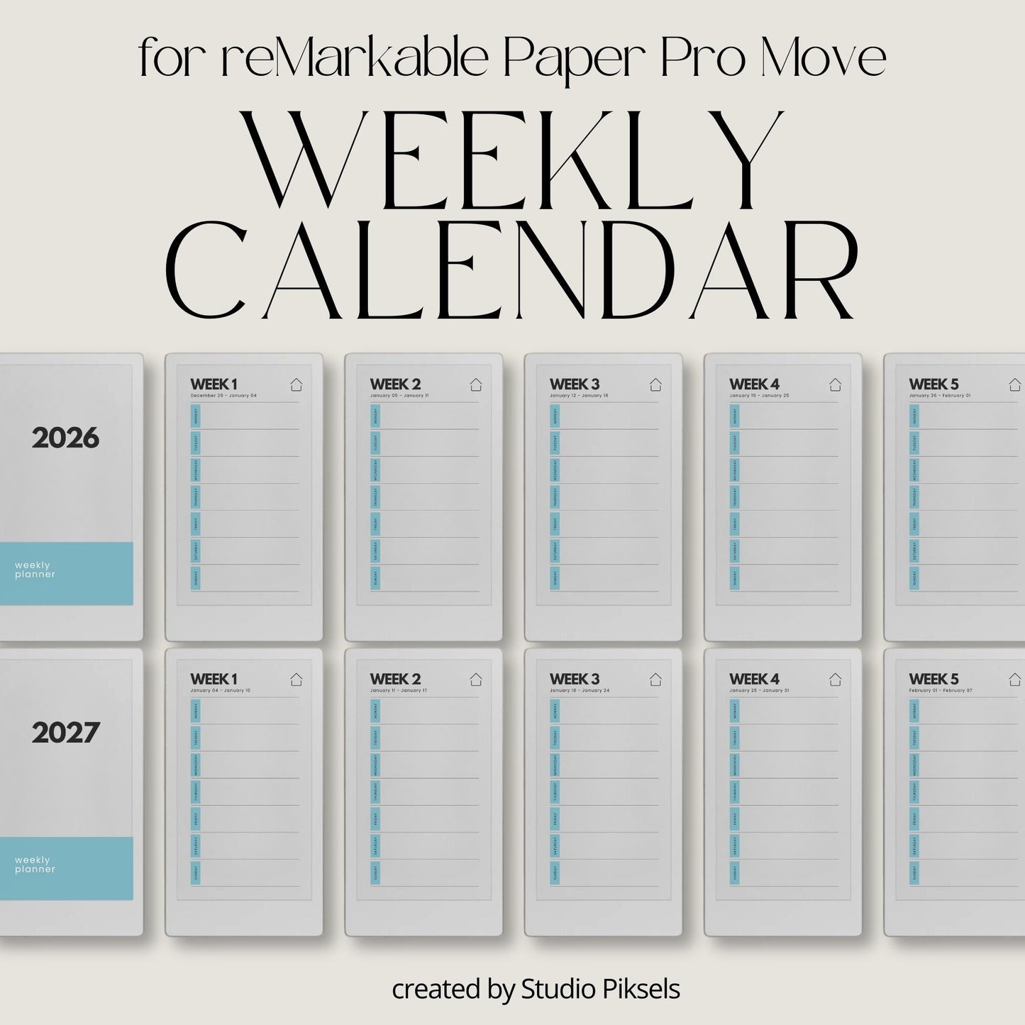 Two-year hyperlinked weekly planner bundle for reMarkable Paper Pro Move with single-page weekly layouts for 2026 and 2027.