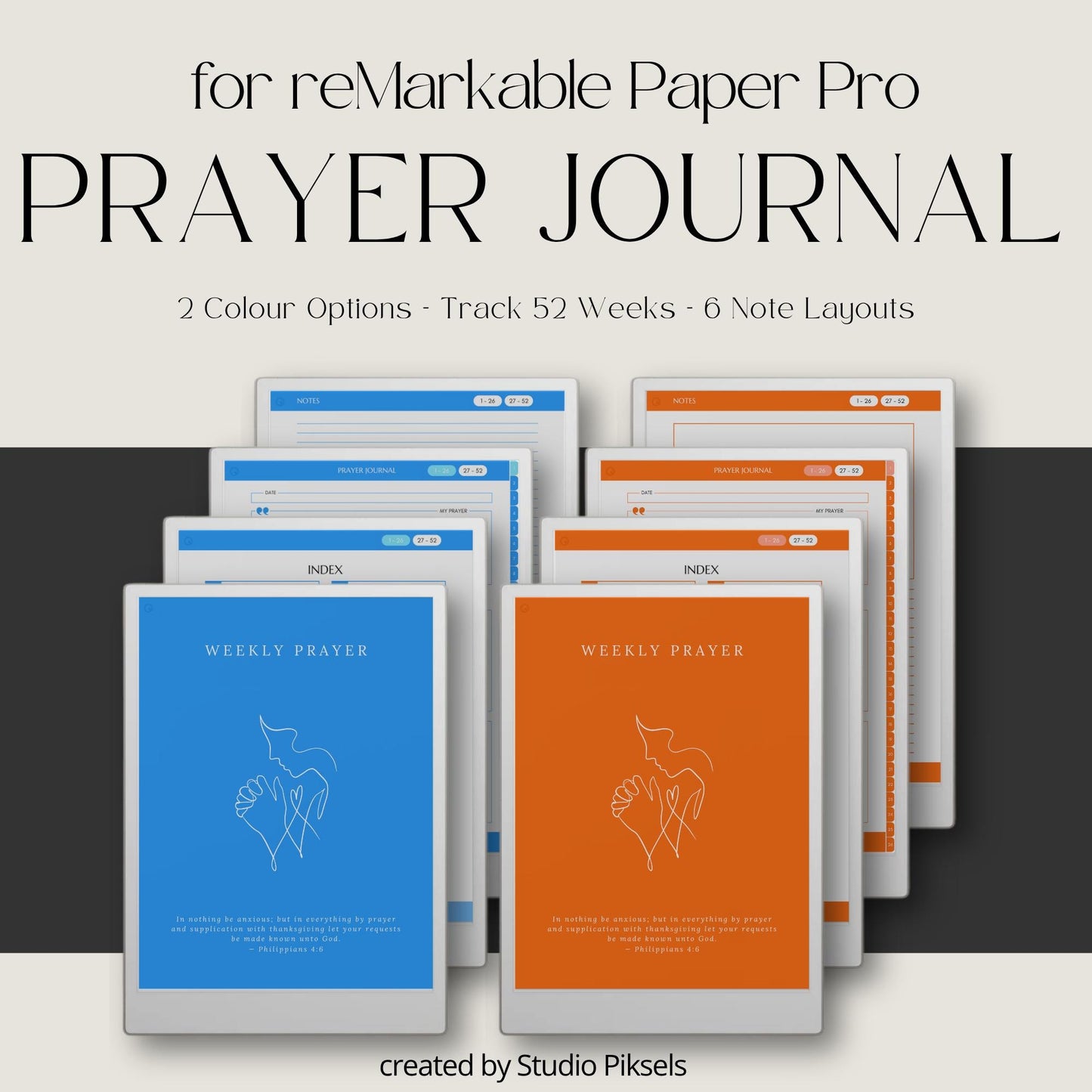 Weekly prayer journal for reMarkable Paper Pro with hyperlinked navigation for digital devotional writing.