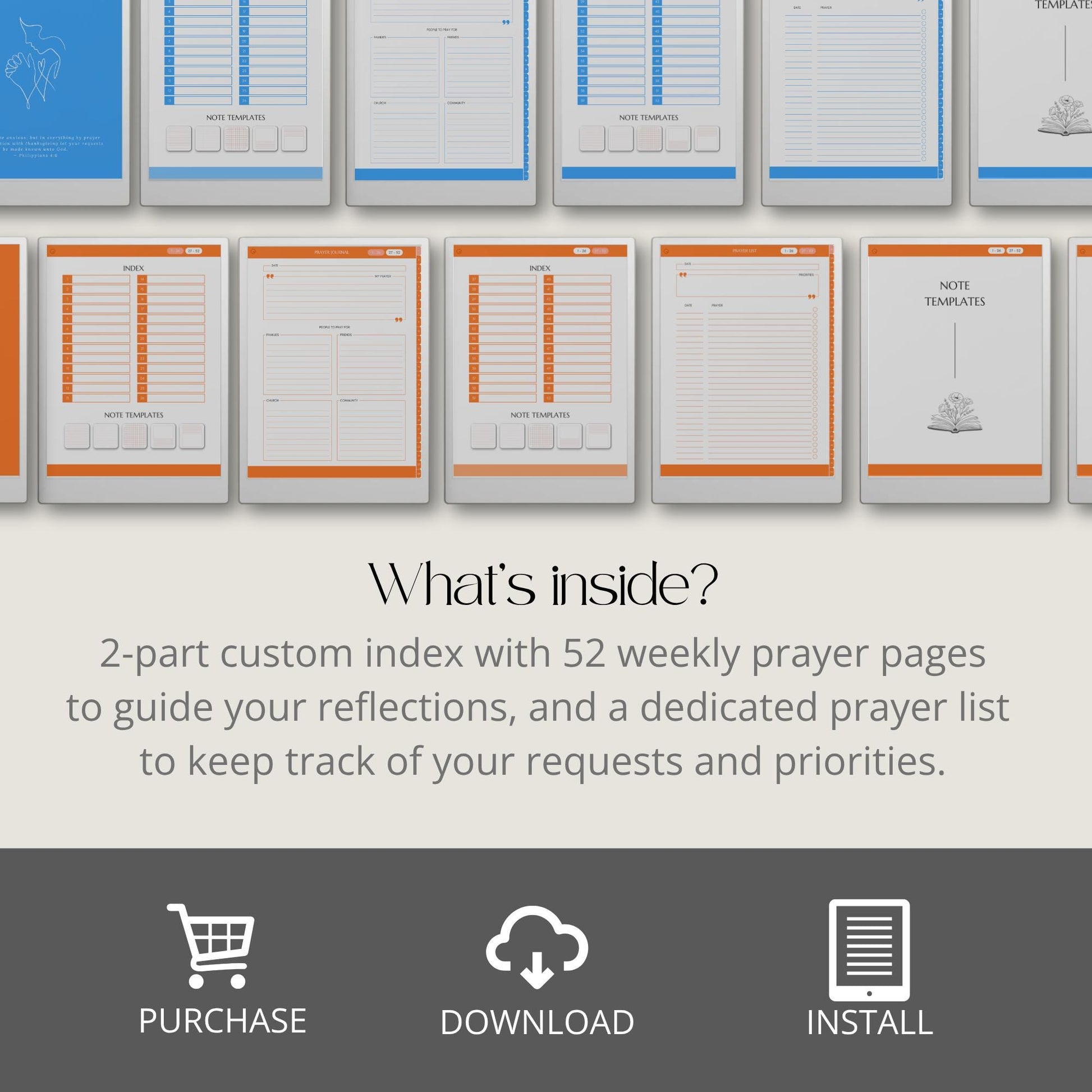 Weekly prayer journal for reMarkable Paper Pro with hyperlinked navigation for digital devotional writing.