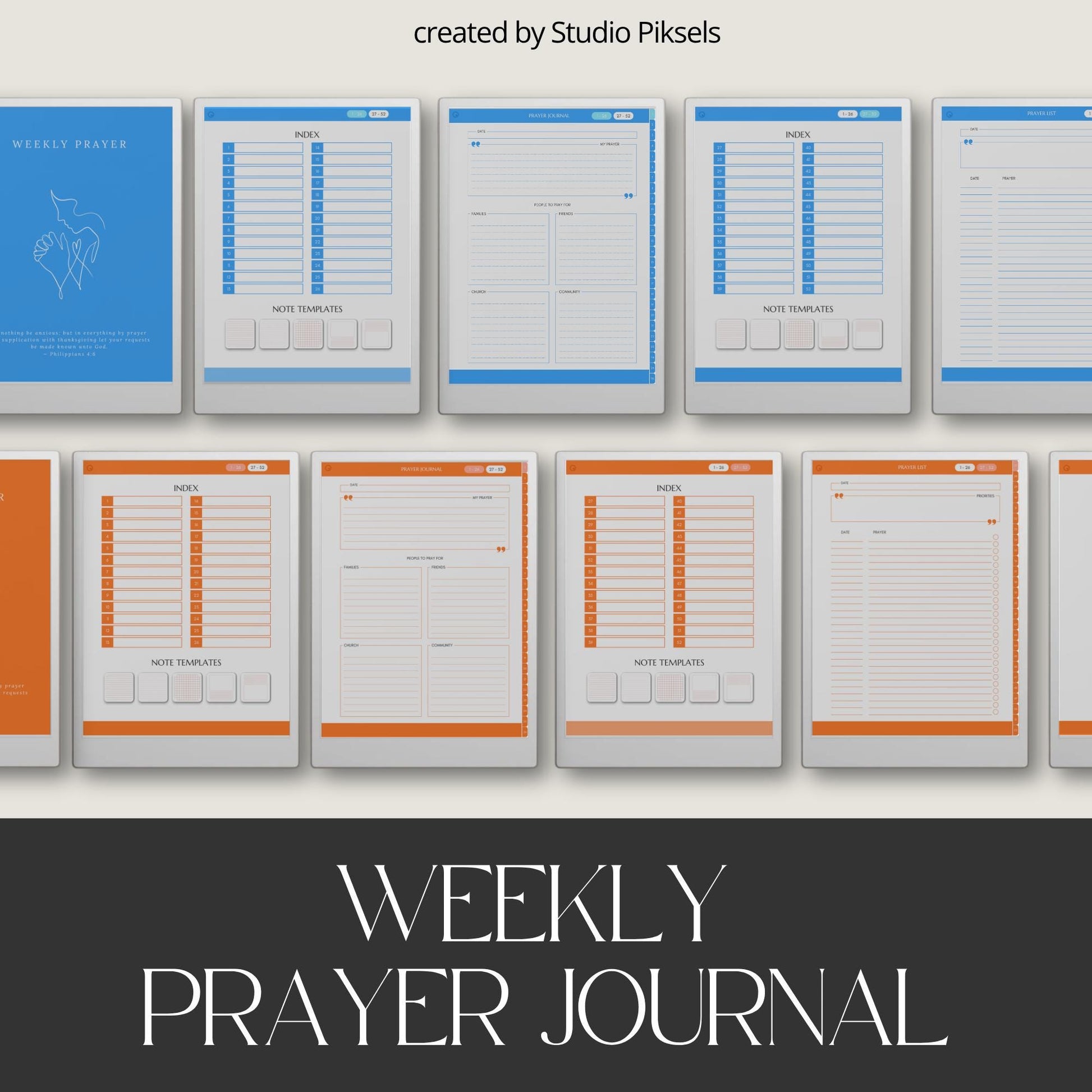 Weekly prayer journal for reMarkable Paper Pro with hyperlinked navigation for digital devotional writing.