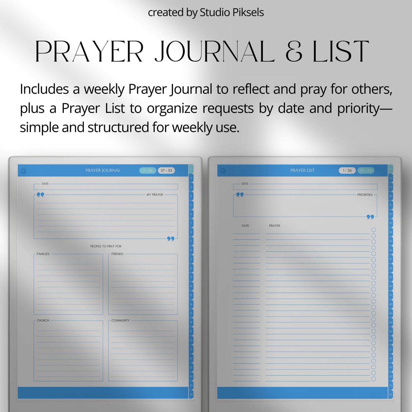 Weekly prayer journal for reMarkable Paper Pro with hyperlinked navigation for digital devotional writing.