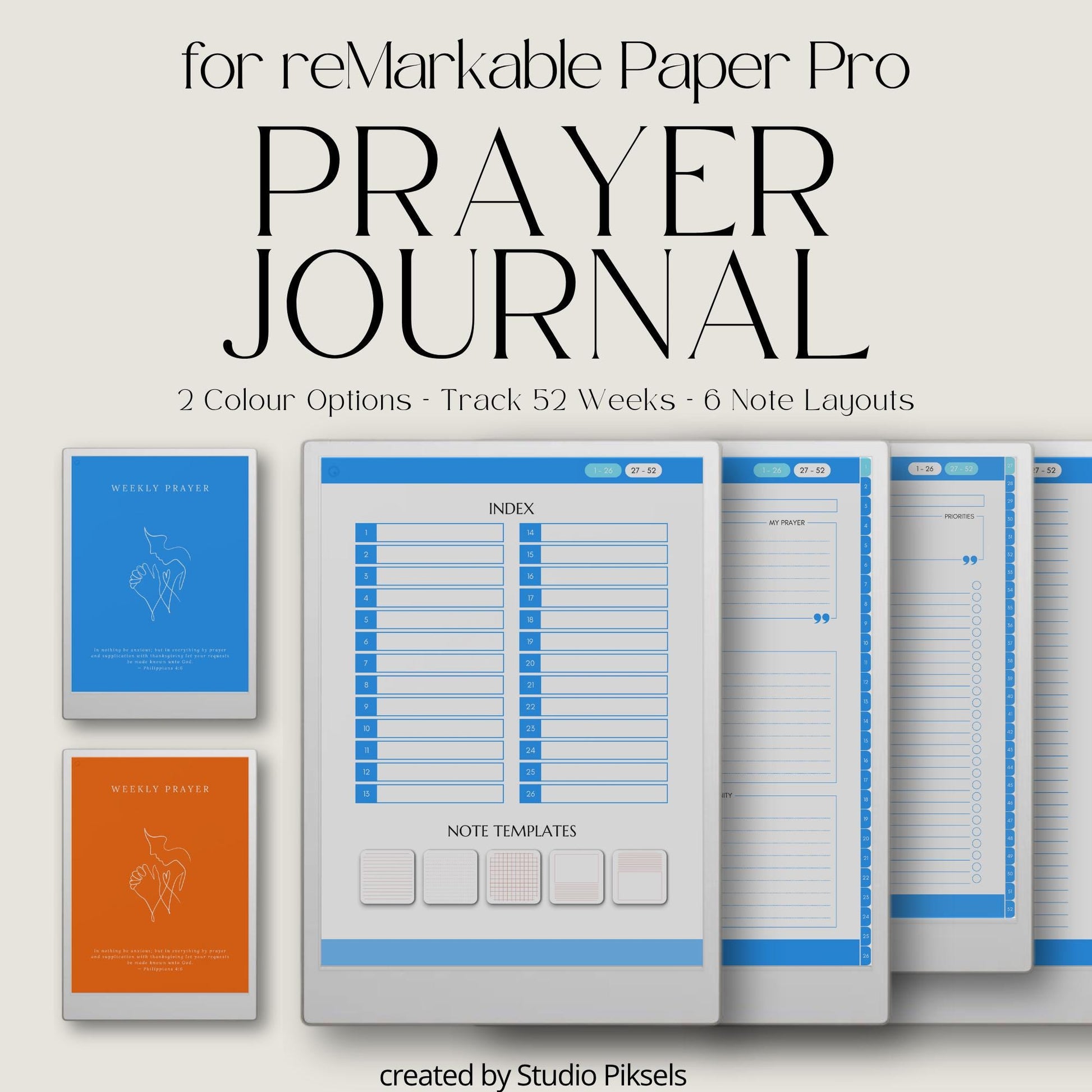 Weekly prayer journal for reMarkable Paper Pro with hyperlinked navigation for digital devotional writing.