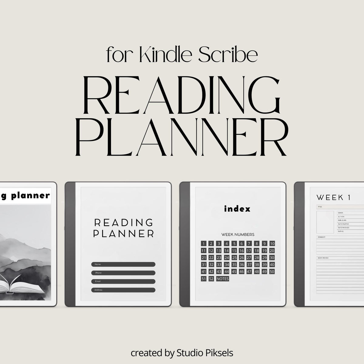 Weekly Reading Planner PDF for Kindle Scribe with hyperlinked book tracking and reading reflection pages.