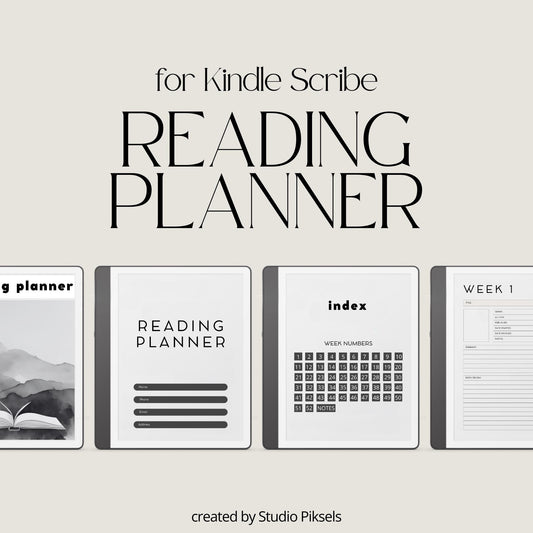 Weekly Reading Planner PDF for Kindle Scribe with hyperlinked book tracking and reading reflection pages.