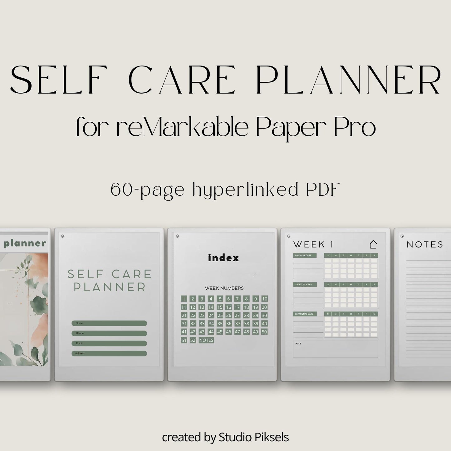 Weekly self care planner for reMarkable Paper Pro featuring hyperlinked wellness tracking pages, guided reflection sections, mindfulness journaling, and reusable digital planning layouts.