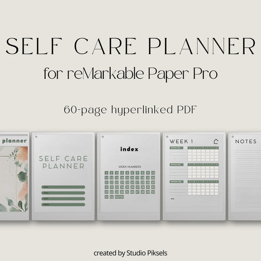 Weekly self care planner for reMarkable Paper Pro featuring hyperlinked wellness tracking pages, guided reflection sections, mindfulness journaling, and reusable digital planning layouts.