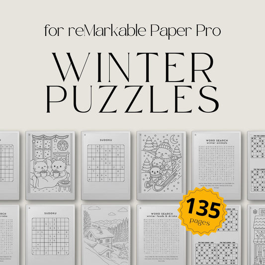  Cozy winter themed coloring pages and logic puzzles like Sudoku and Word Search designed for reMarkable Paper Pro.
