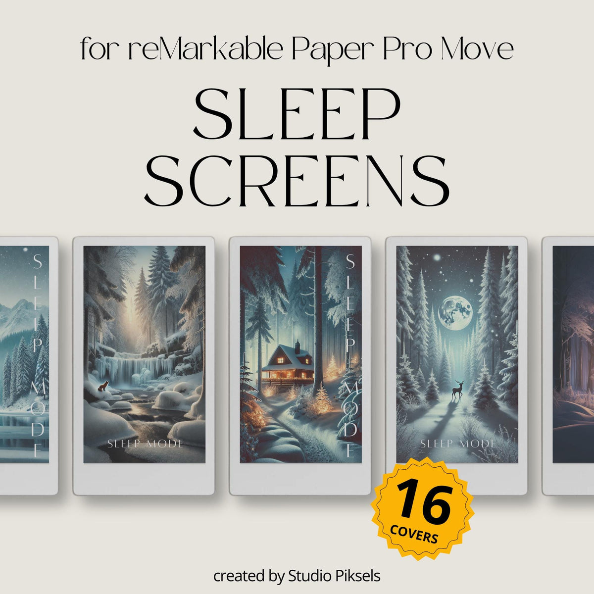 Transform your reMarkable Paper Pro Move into a winter retreat with this seasonal sleep screen bundle. Featuring cabins, snowy forests, and starry nights, each design adds a cozy and calming atmosphere to your device.