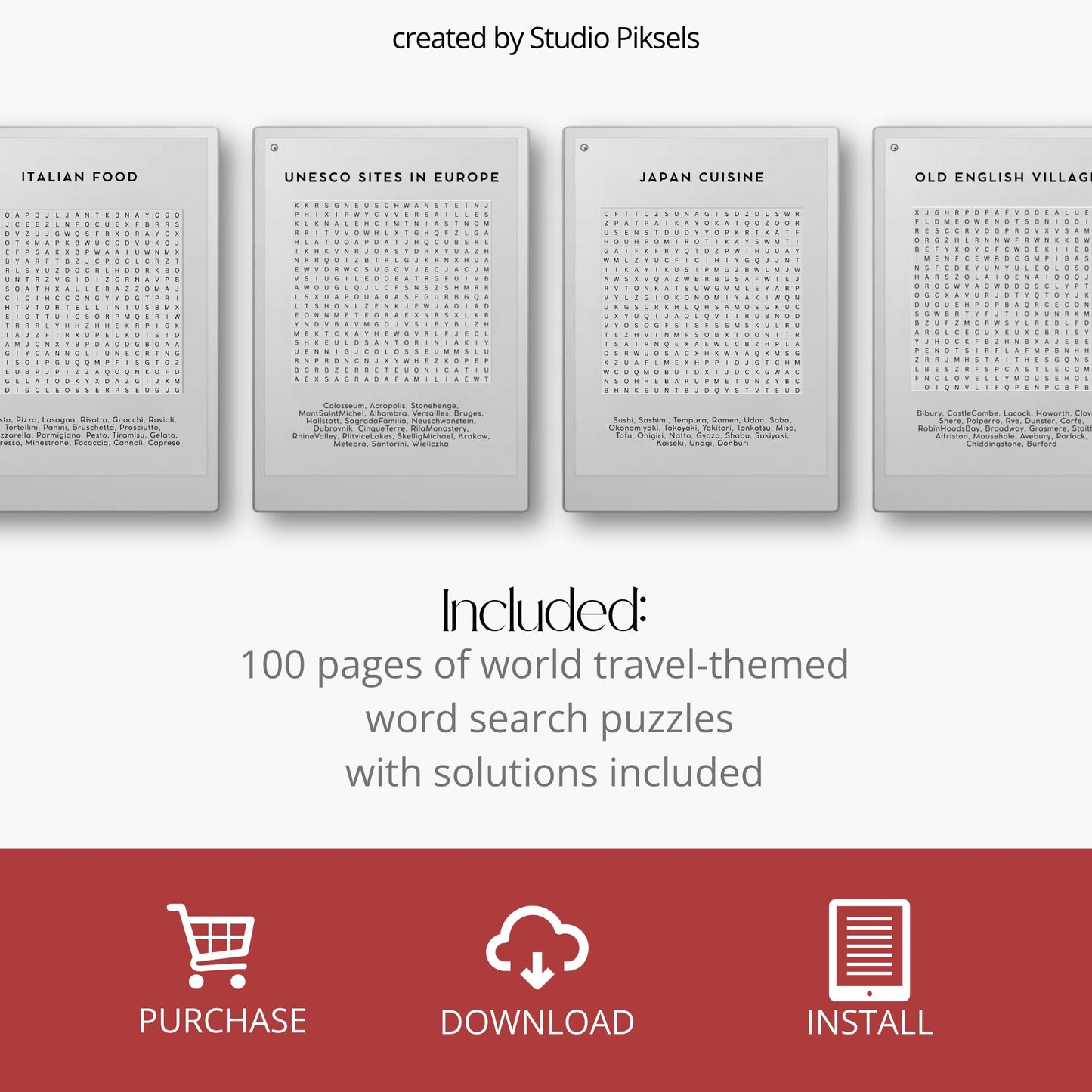 Sample page of the Word Search Puzzle Book for reMarkable, displaying a nature-themed puzzle on the e-ink screen.