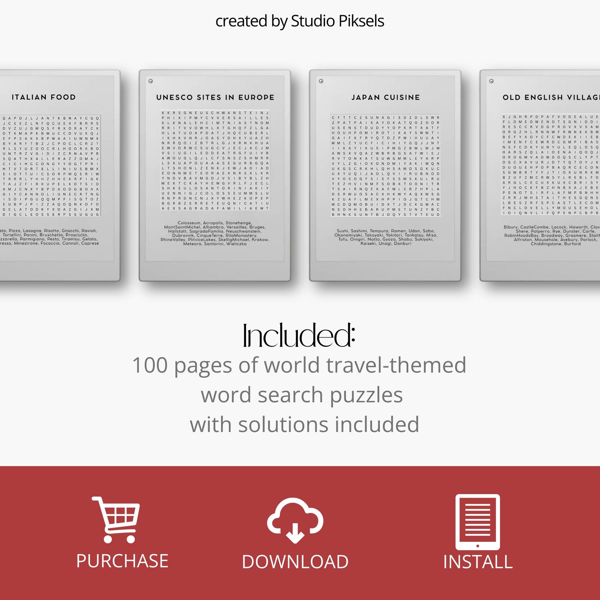 Sample page of the Word Search Puzzle Book for reMarkable, displaying a nature-themed puzzle on the e-ink screen.
