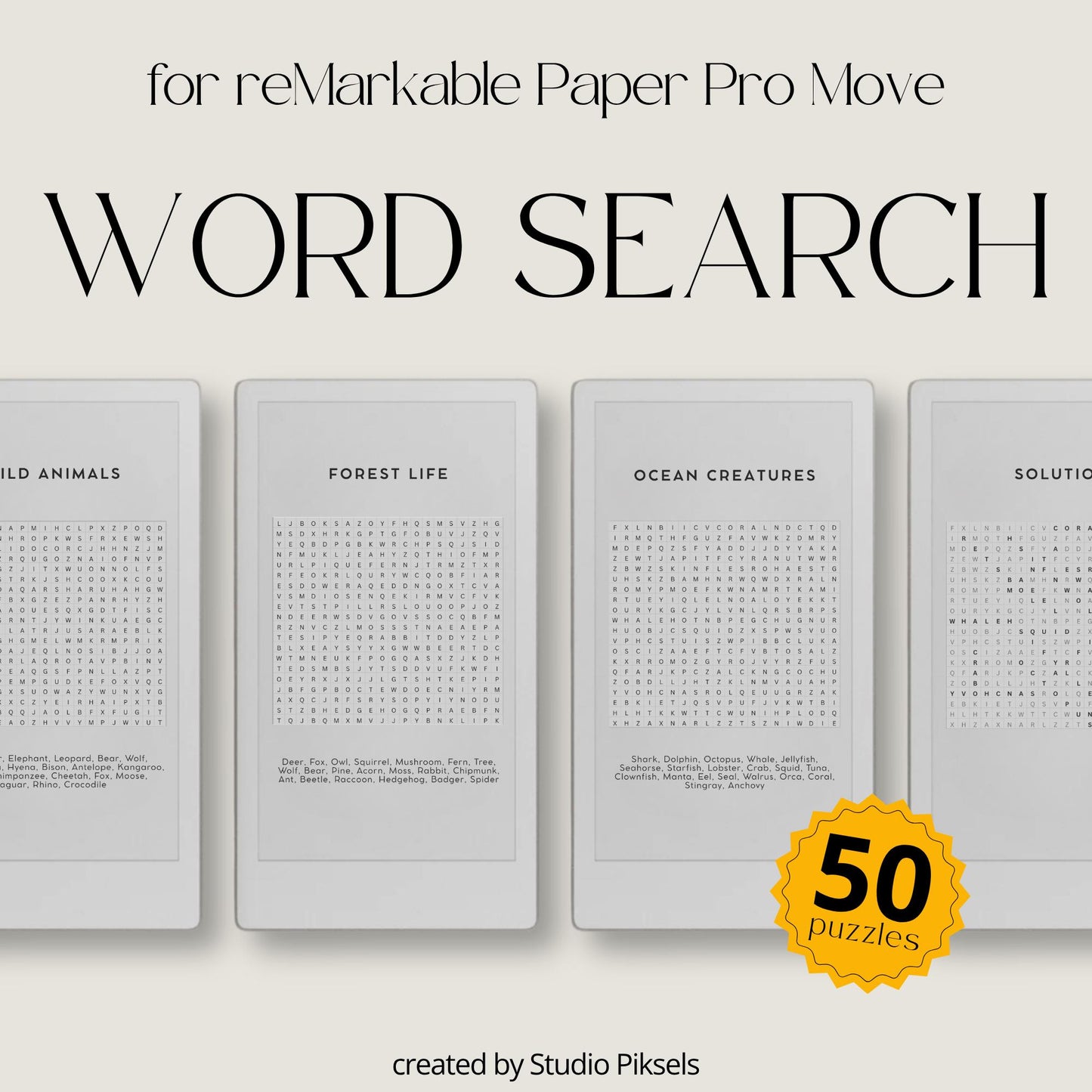 Word Search Puzzle for reMarkable Paper Pro Move showcasing a nature-themed design for relaxation and stress relief.