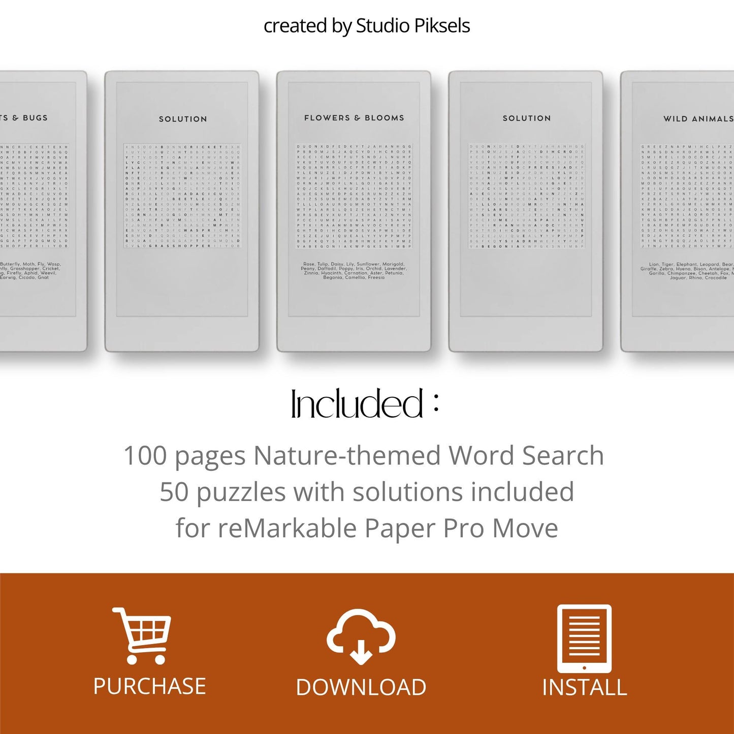Sample page from the Word Search Puzzle for reMarkable Paper Pro Move featuring a wild animal-themed word search puzzle.
