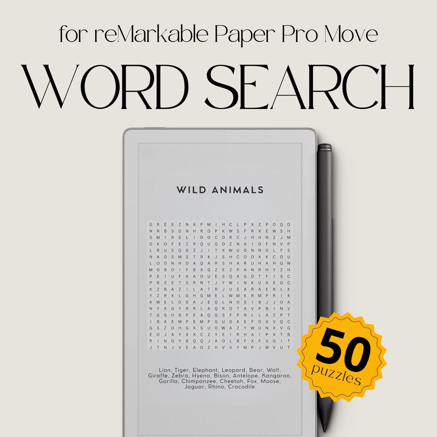 Word Search puzzle displayed on the reMarkable Paper Pro Move showing the clean and clear layout optimized for e-ink screens.