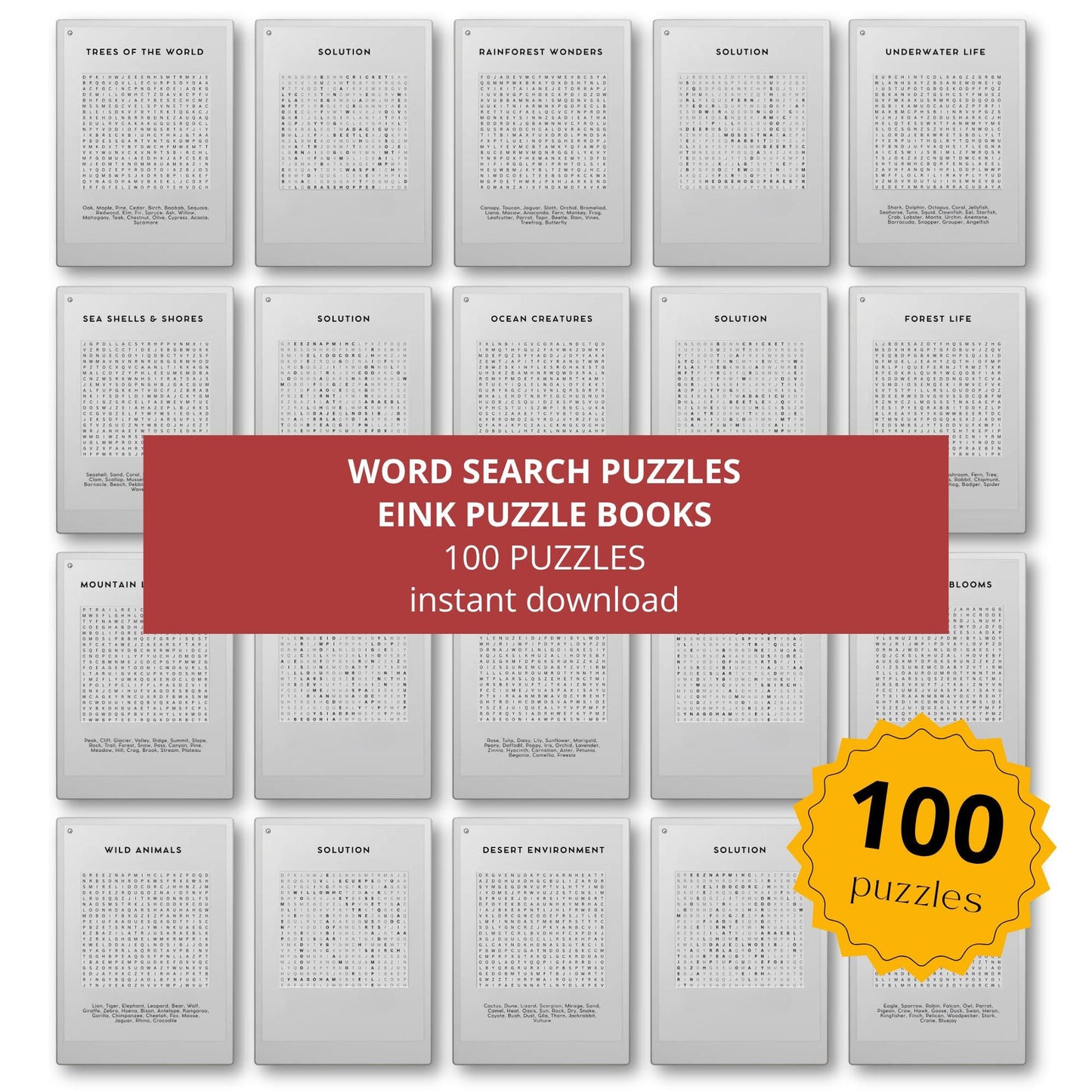 Word Search puzzle displayed on the reMarkable tablet with an optimized e-ink layout.