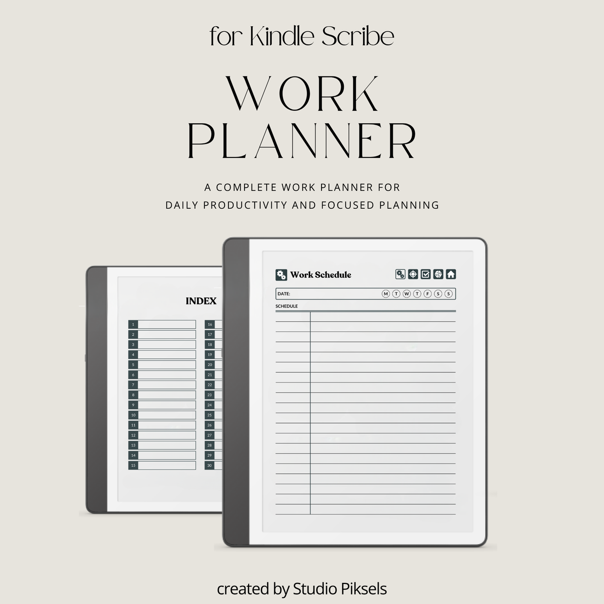 Hyperlinked Work Planner for Kindle Scribe featuring 30 daily work planning sections with Work Schedule, Today’s Focus, Task List, Brain Dump, and a grayscale e-ink layout.