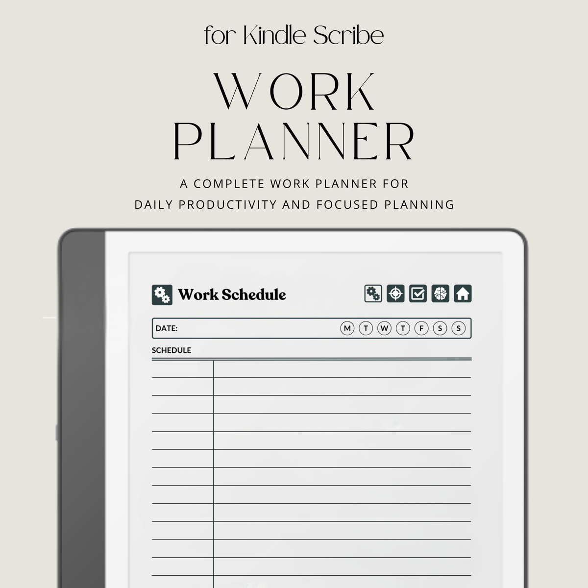 Hyperlinked Work Planner for Kindle Scribe featuring 30 daily work planning sections with Work Schedule, Today’s Focus, Task List, Brain Dump, and a grayscale e-ink layout.