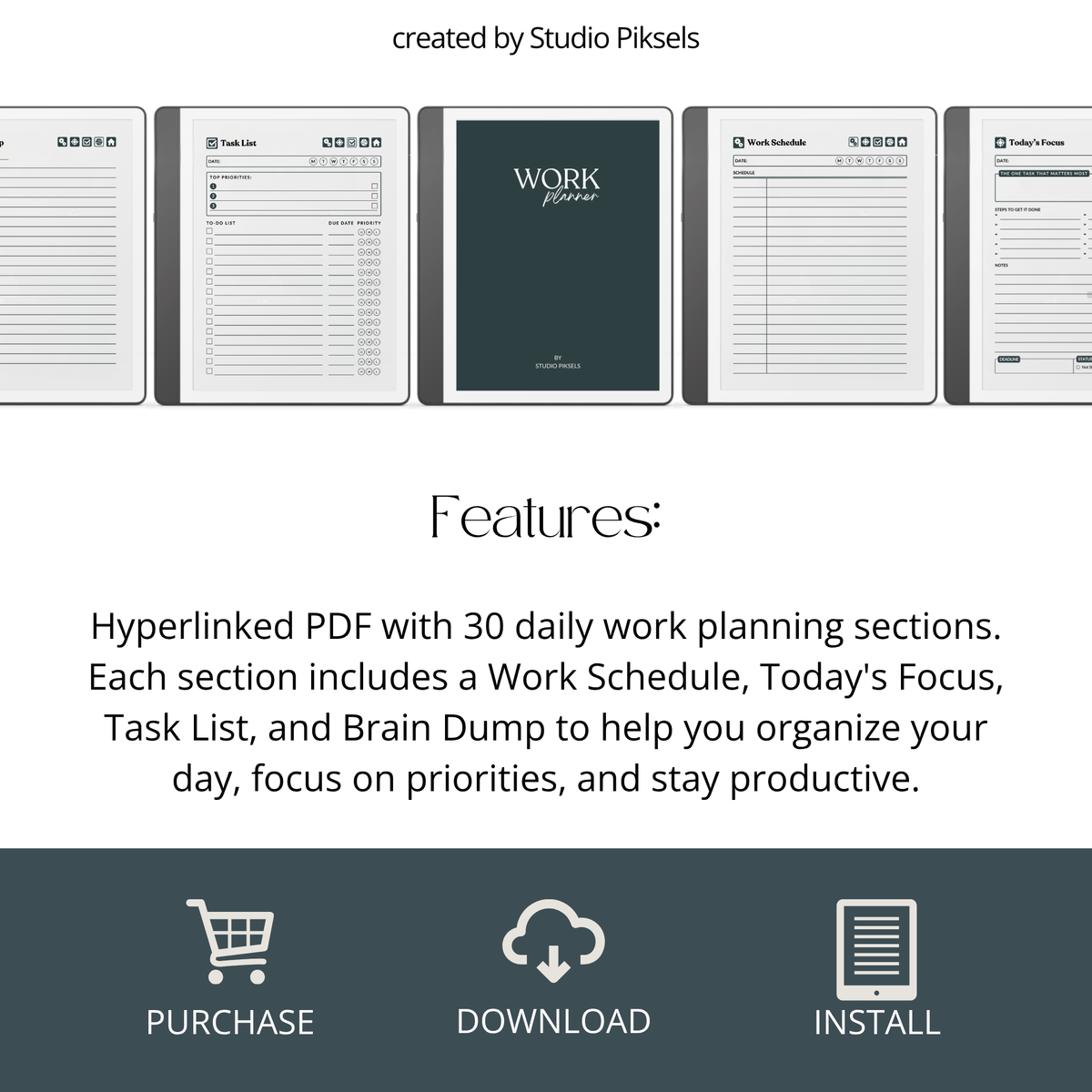 Hyperlinked Work Planner for Kindle Scribe featuring 30 daily work planning sections with Work Schedule, Today’s Focus, Task List, Brain Dump, and a grayscale e-ink layout.