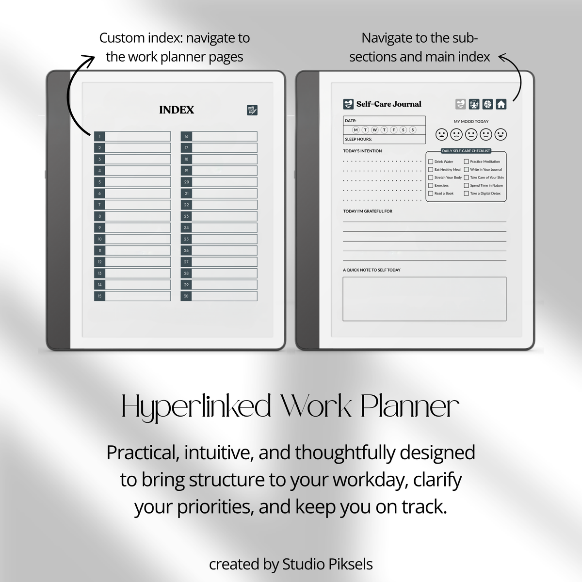 Hyperlinked Work Planner for Kindle Scribe featuring 30 daily work planning sections with Work Schedule, Today’s Focus, Task List, Brain Dump, and a grayscale e-ink layout.