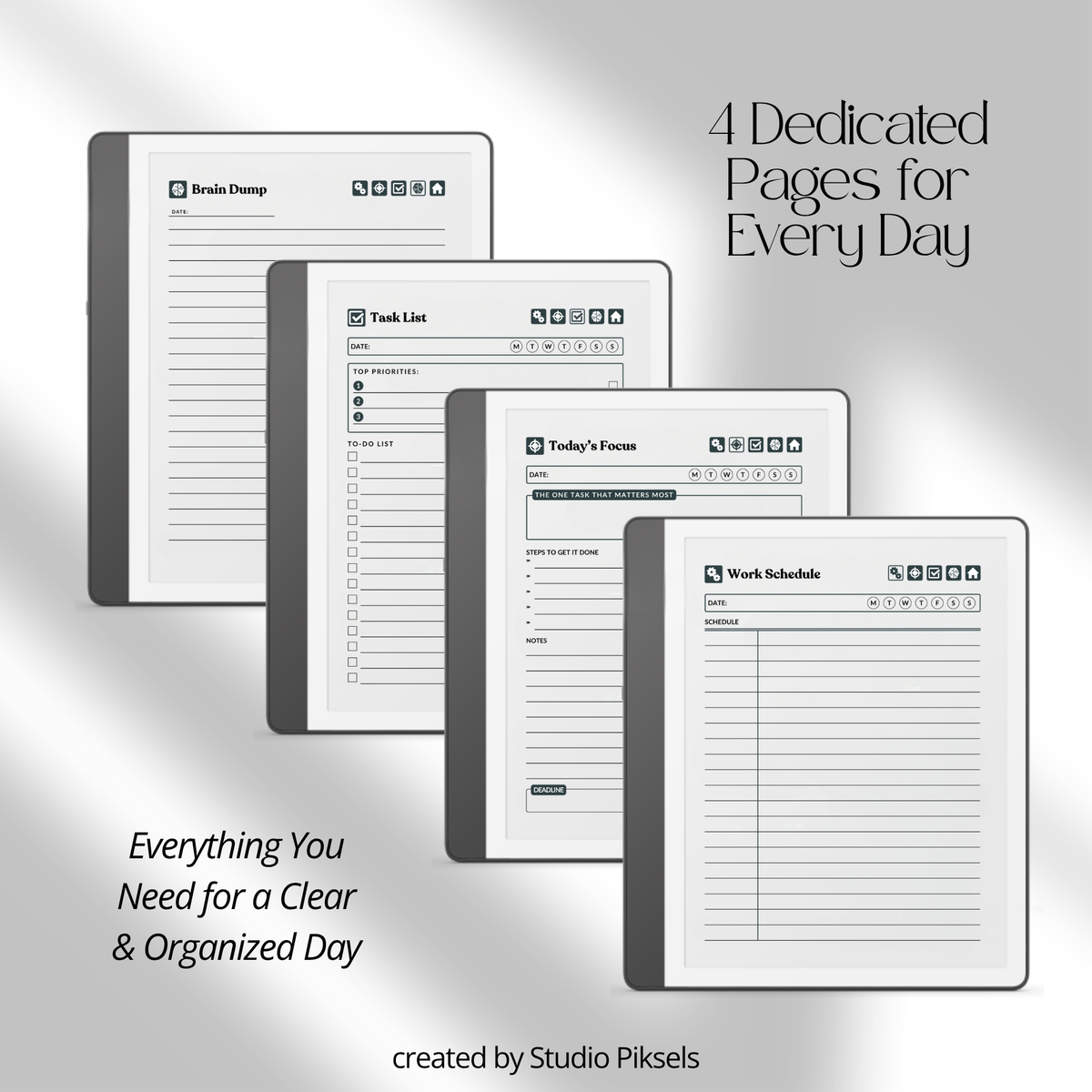 Hyperlinked Work Planner for Kindle Scribe featuring 30 daily work planning sections with Work Schedule, Today’s Focus, Task List, Brain Dump, and a grayscale e-ink layout.