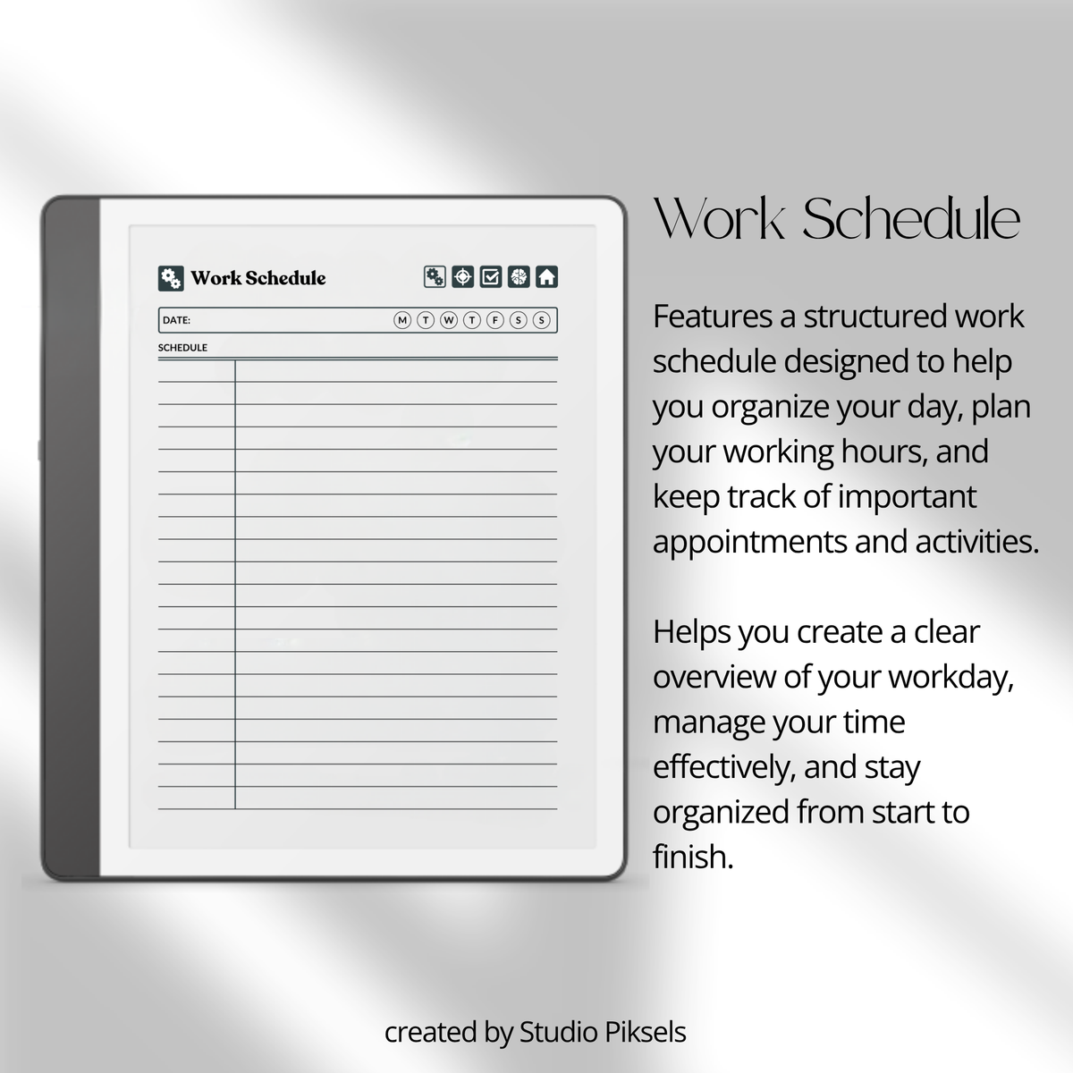 Hyperlinked Work Planner for Kindle Scribe featuring 30 daily work planning sections with Work Schedule, Today’s Focus, Task List, Brain Dump, and a grayscale e-ink layout.