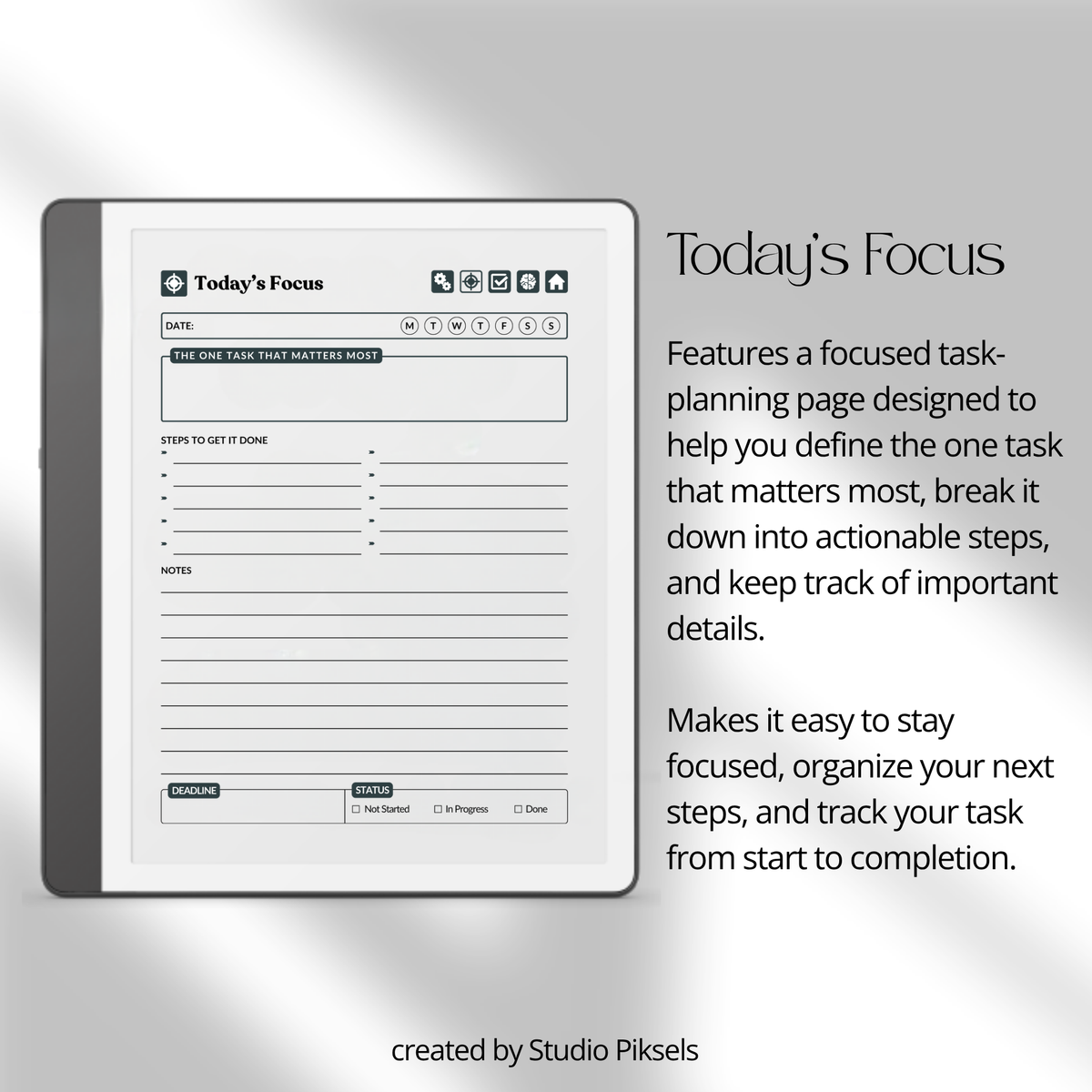 Hyperlinked Work Planner for Kindle Scribe featuring 30 daily work planning sections with Work Schedule, Today’s Focus, Task List, Brain Dump, and a grayscale e-ink layout.