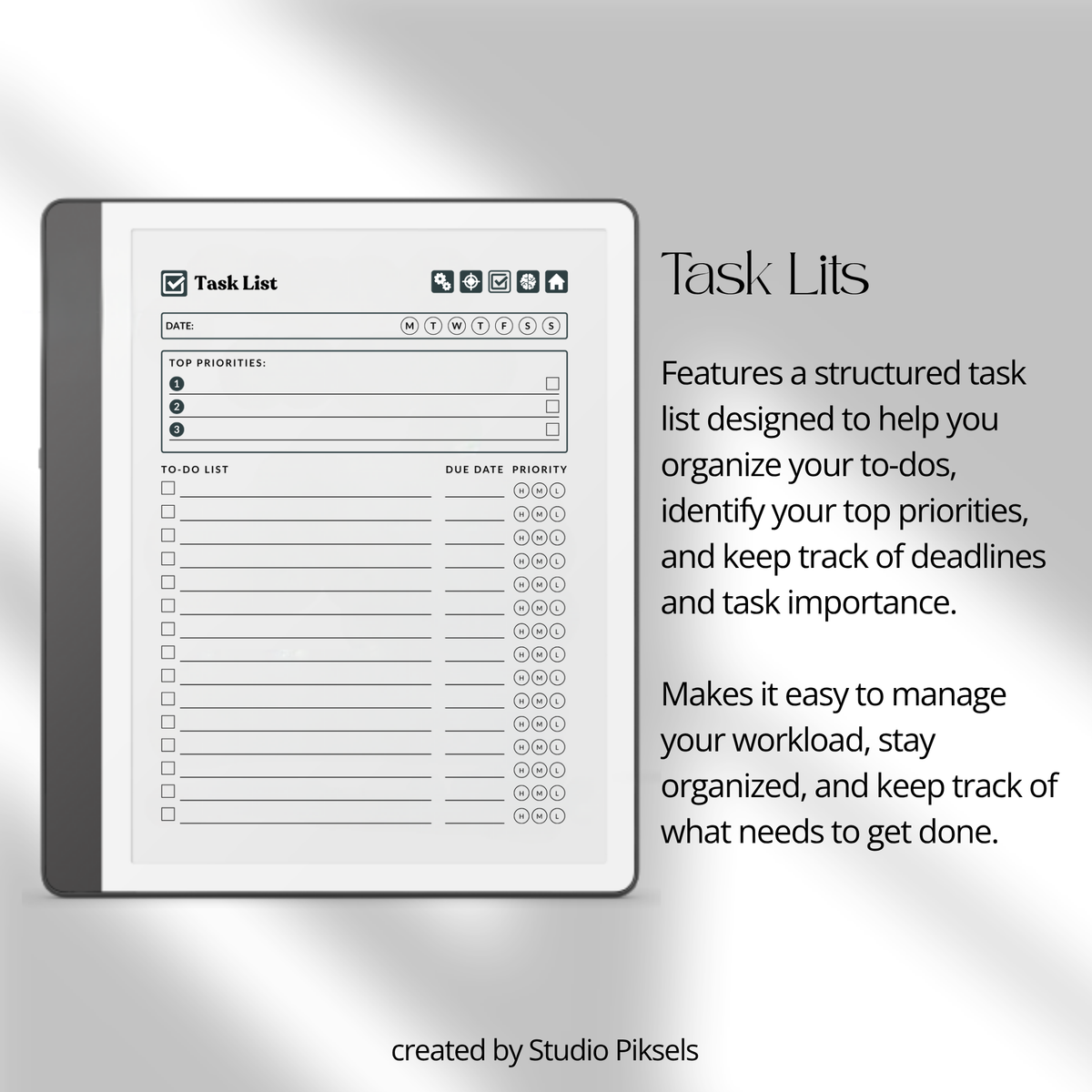 Hyperlinked Work Planner for Kindle Scribe featuring 30 daily work planning sections with Work Schedule, Today’s Focus, Task List, Brain Dump, and a grayscale e-ink layout.