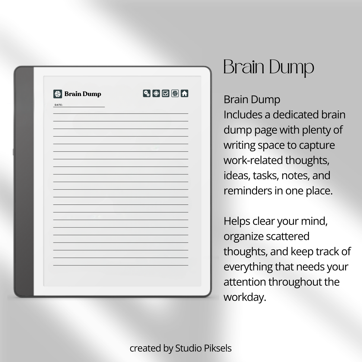 Hyperlinked Work Planner for Kindle Scribe featuring 30 daily work planning sections with Work Schedule, Today’s Focus, Task List, Brain Dump, and a grayscale e-ink layout.