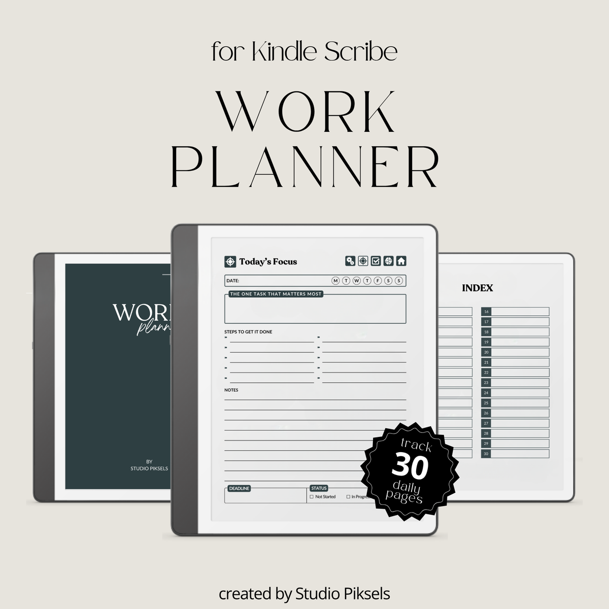 Hyperlinked Work Planner for Kindle Scribe featuring 30 daily work planning sections with Work Schedule, Today’s Focus, Task List, Brain Dump, and a grayscale e-ink layout.