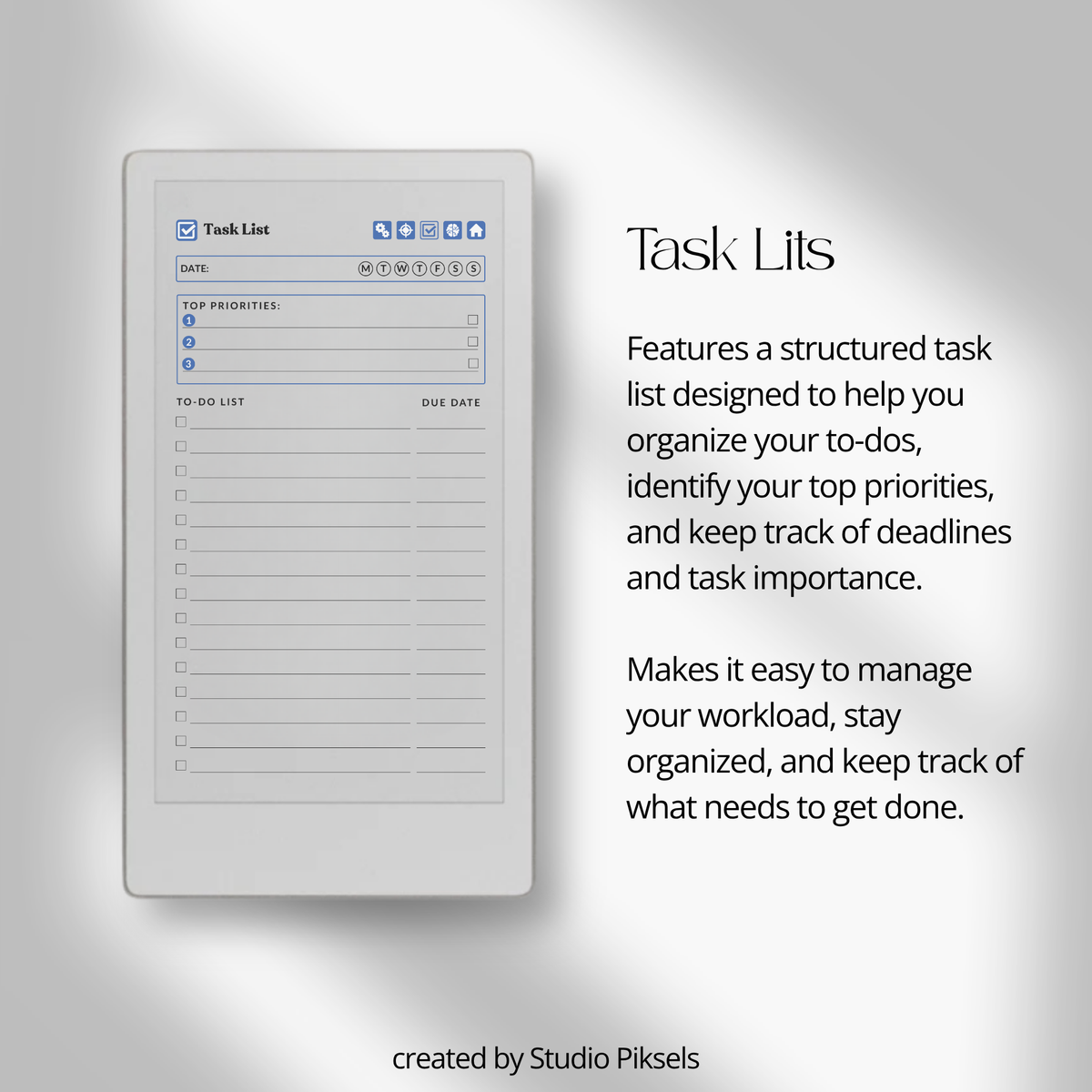 Hyperlinked Work Planner for reMarkable Paper Pro Move featuring 30 daily work planning sections with Work Schedule, Today’s Focus, Task List, and Brain Dump pages.
